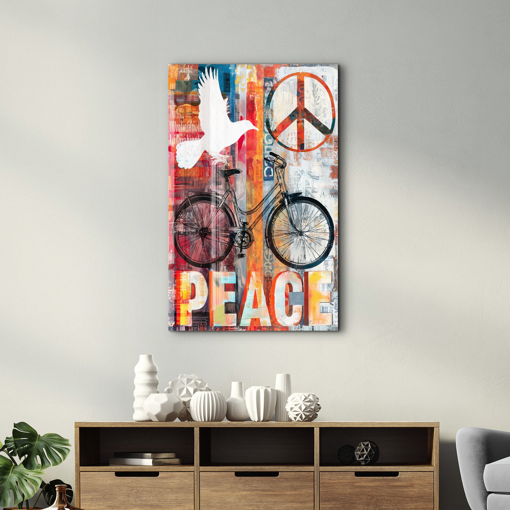 Peace Ride urban bicycle collage glass wall art by Artdesigna showing a colorful bike scene on clear glass.