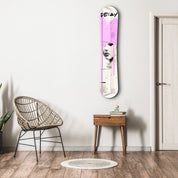 Pink graffiti portrait glass wall art featuring vibrant street art design, ideal for modern home or office decor.