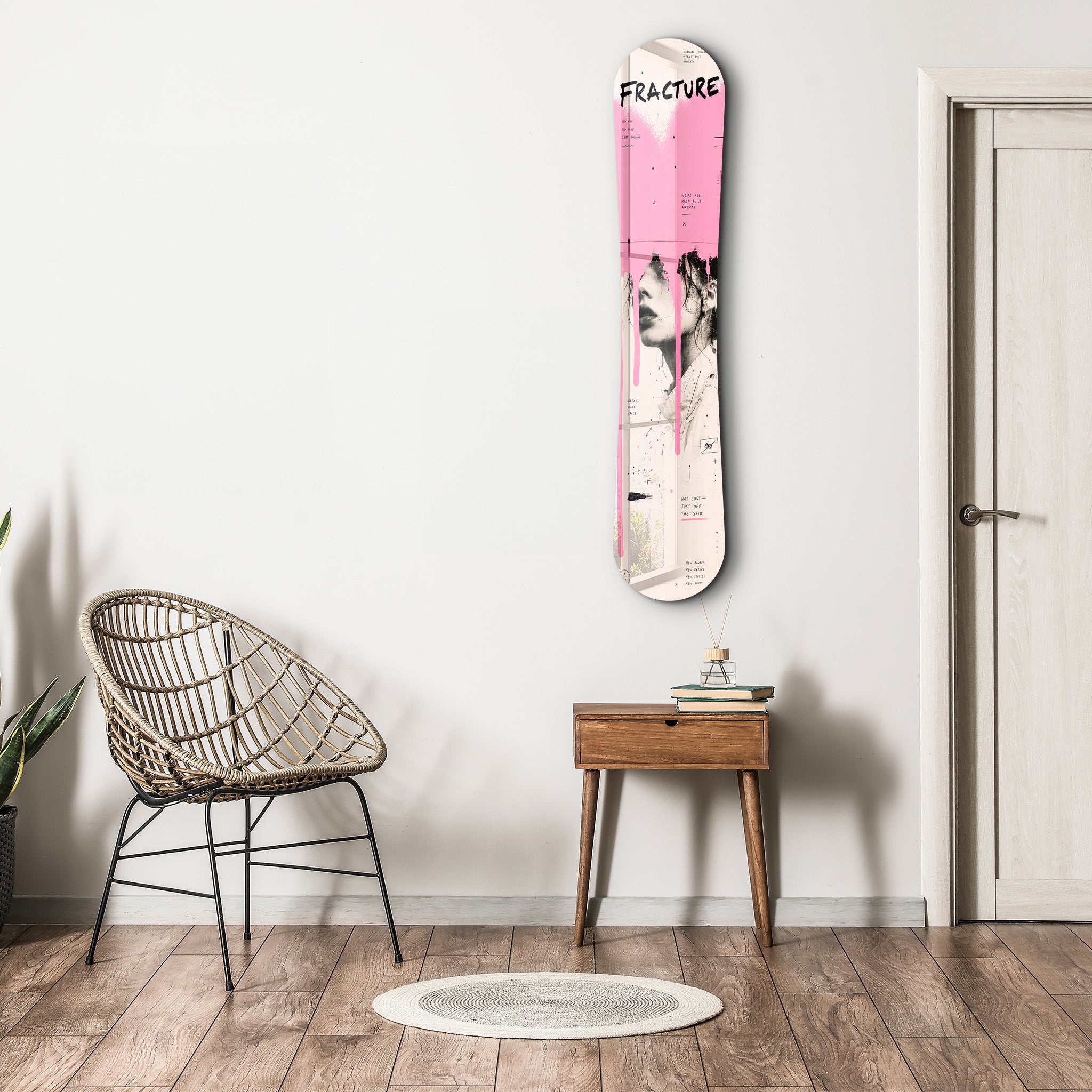 Pink grunge portrait snowboard glass wall art by Artdesigna featuring a vibrant, artistic design on clear glass.