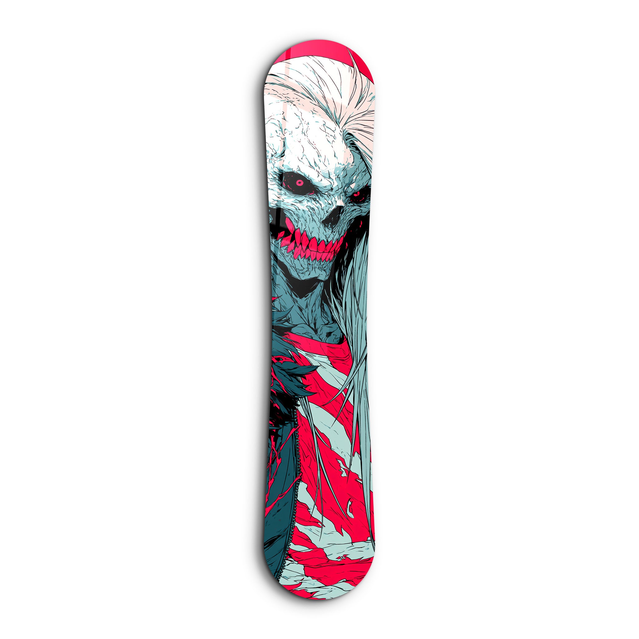 Neon Reaper snowboard glass wall art by Artdesigna featuring a vibrant, detailed snowboarding-themed design on clear glass.