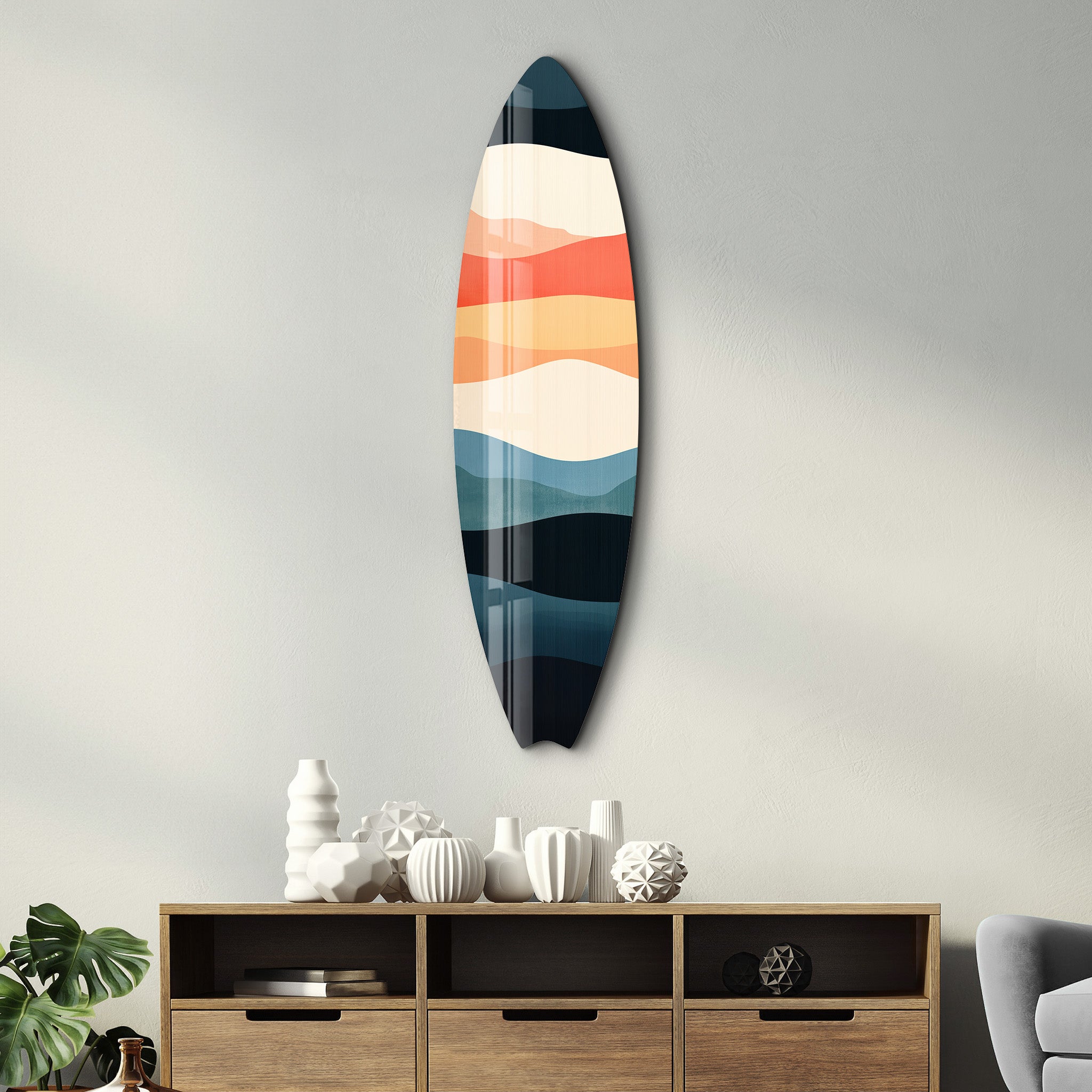 Retro Horizon surfboard glass wall art by Artdesigna featuring a vibrant ocean wave design on clear glass.
