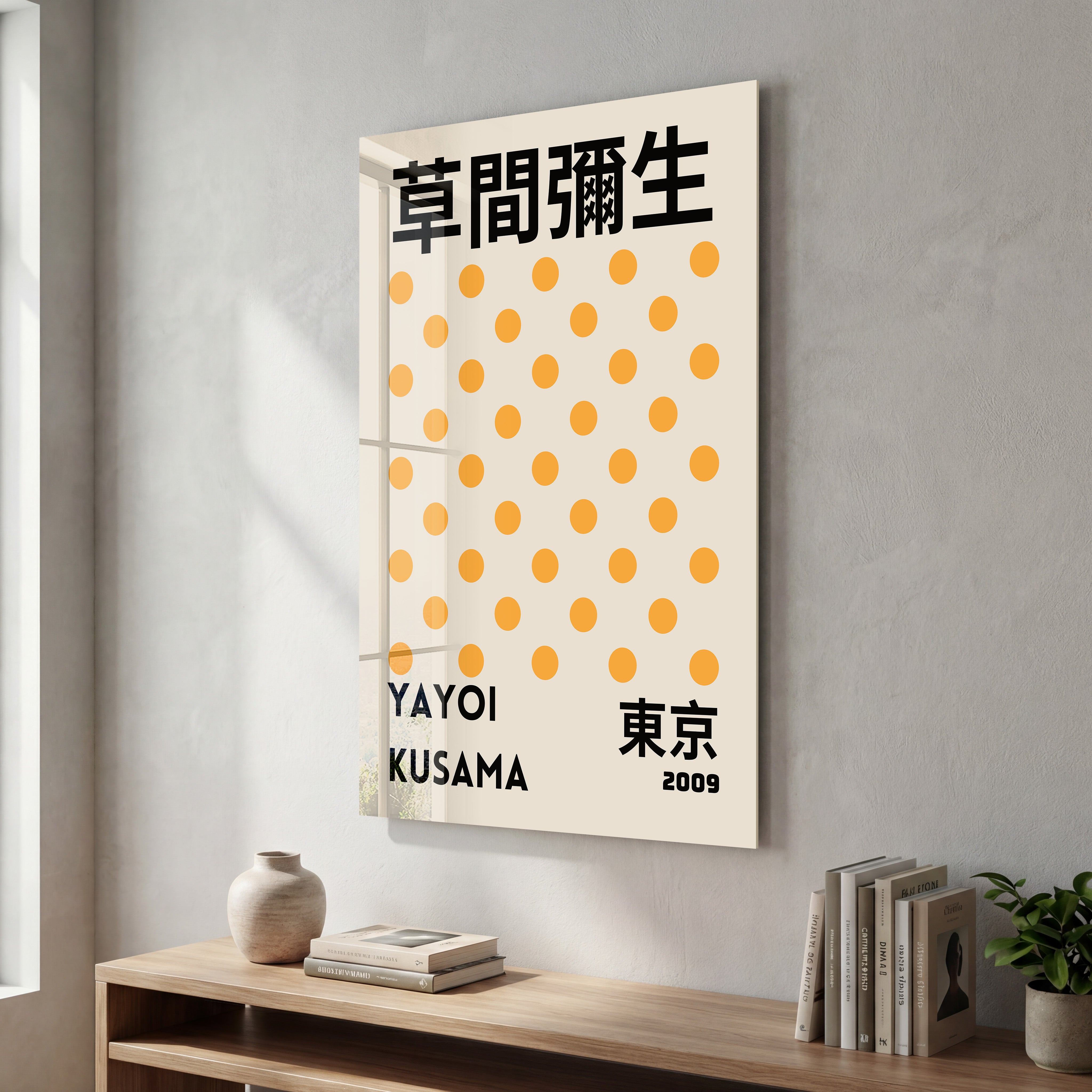Yayoi Kusama yellow polka Japanese pop art glass wall art by Artdesigna, featuring vibrant yellow polka dot design on clear glass.
