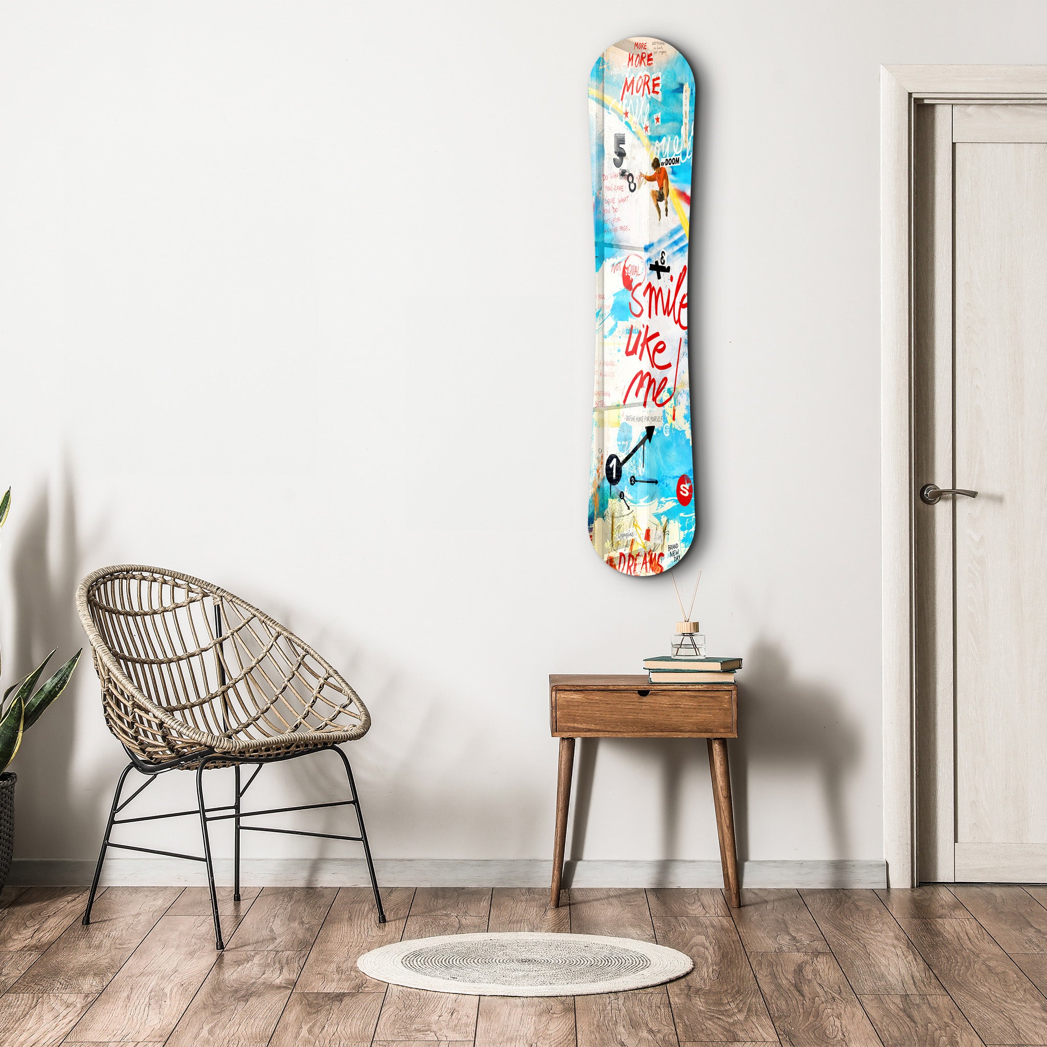 Artdesigna Snowboard Glass Wall Art featuring a stylish smile design, perfect for modern home décor.