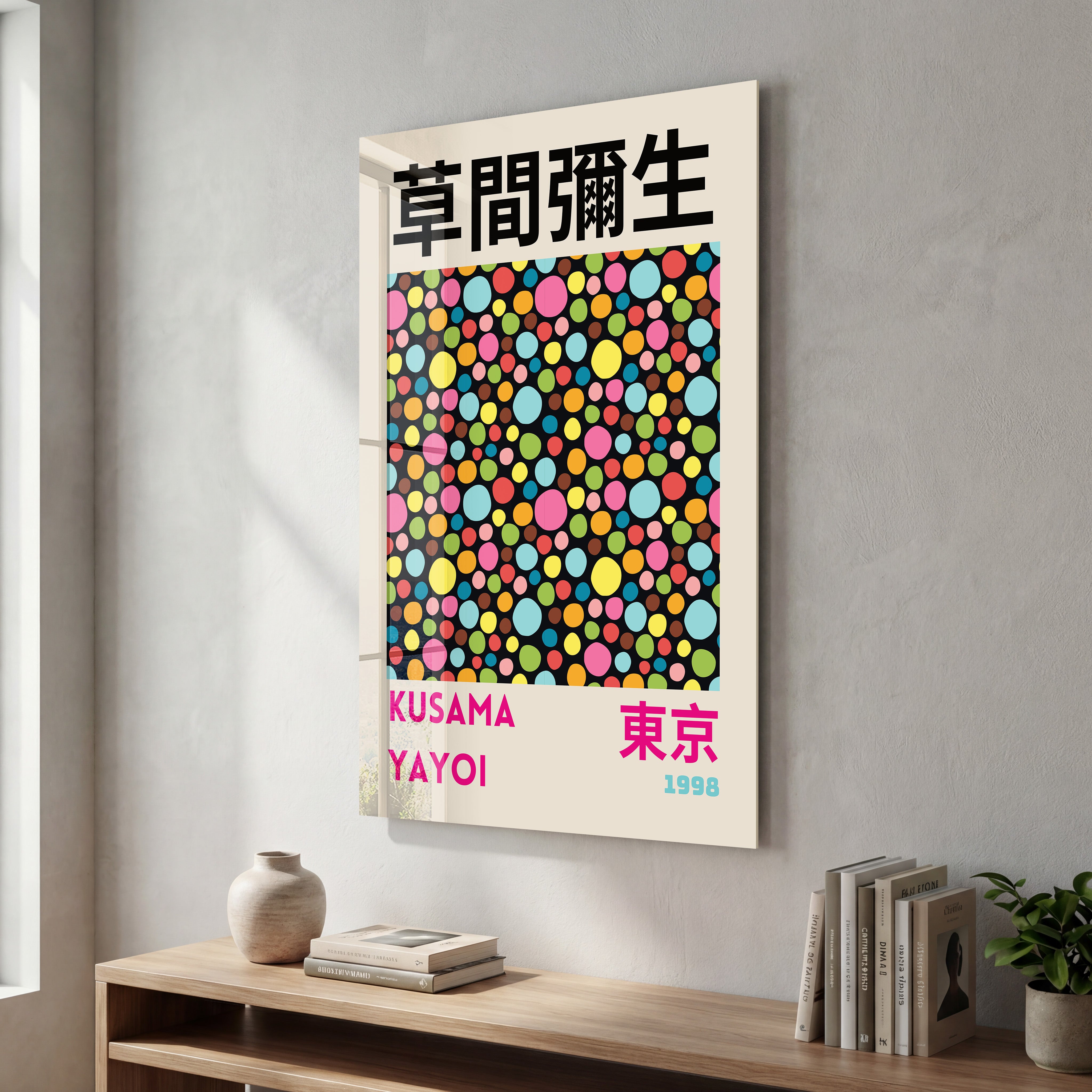 Colorful Yayoi Kusama polka dot glass wall art by Artdesigna featuring vibrant multicolor Japanese pop art design.