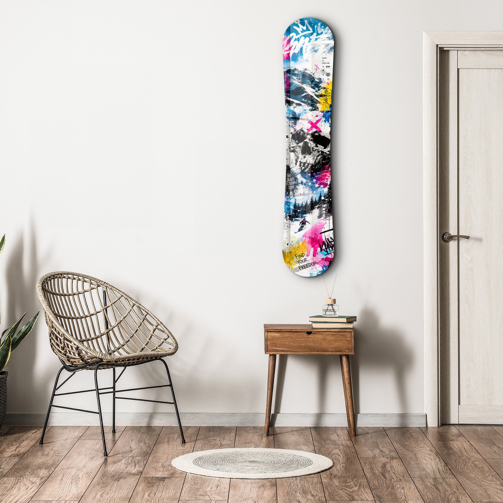 Glass wall art featuring a snowboard design by Artdesigna, showcasing a sleek, modern snowboard graphic on clear glass.
