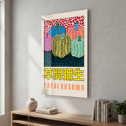 Yayoi Kusama pumpkins glass wall art by Artdesigna featuring vibrant Japanese pop art design on clear glass.