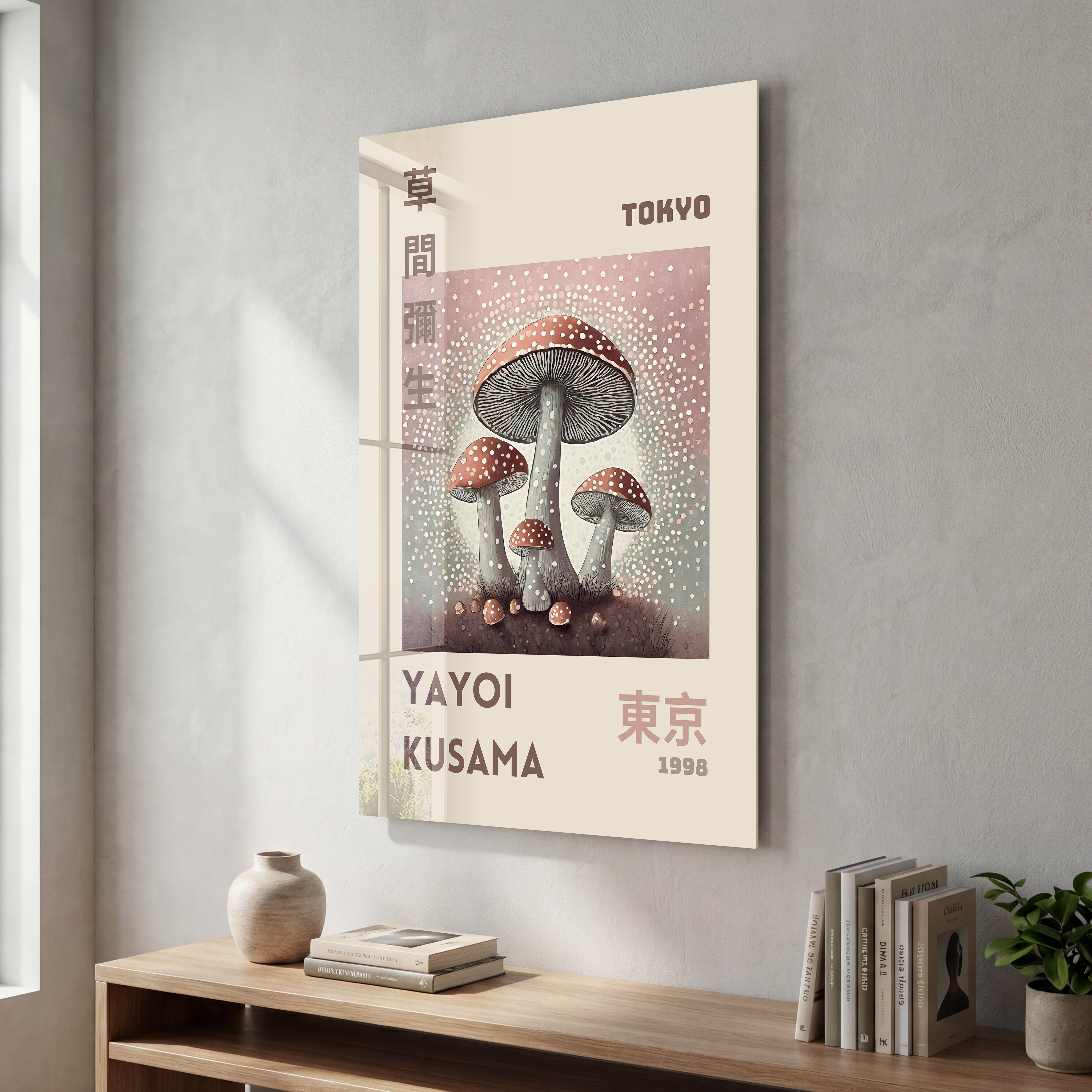 Yayoi Kusama mushroom Japanese pop art glass wall art by Artdesigna featuring vibrant, colorful mushroom design on clear glass panel