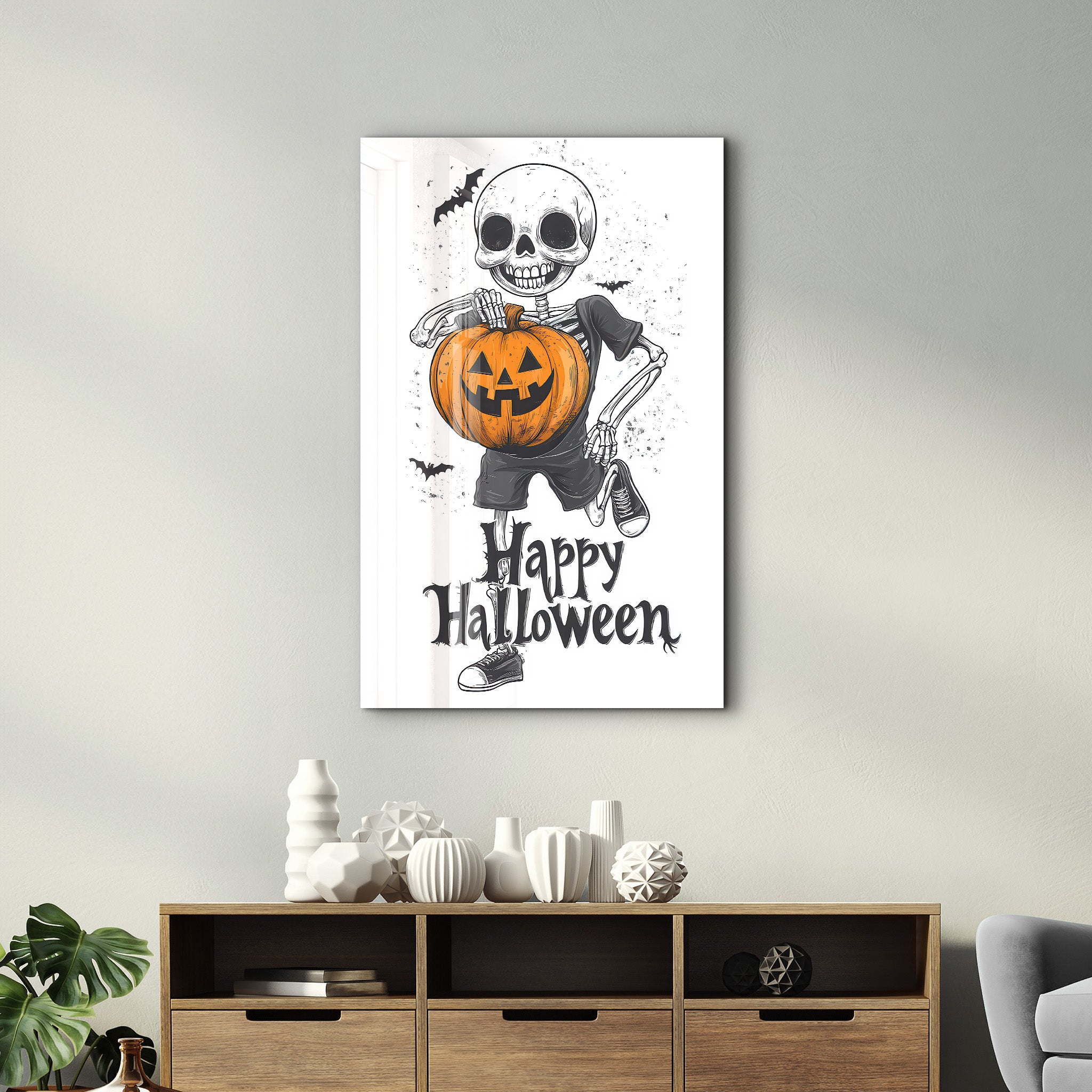 Skeleton Holding a Jack-O'-Lantern | Halloween Glass Wall Art - Artdesigna