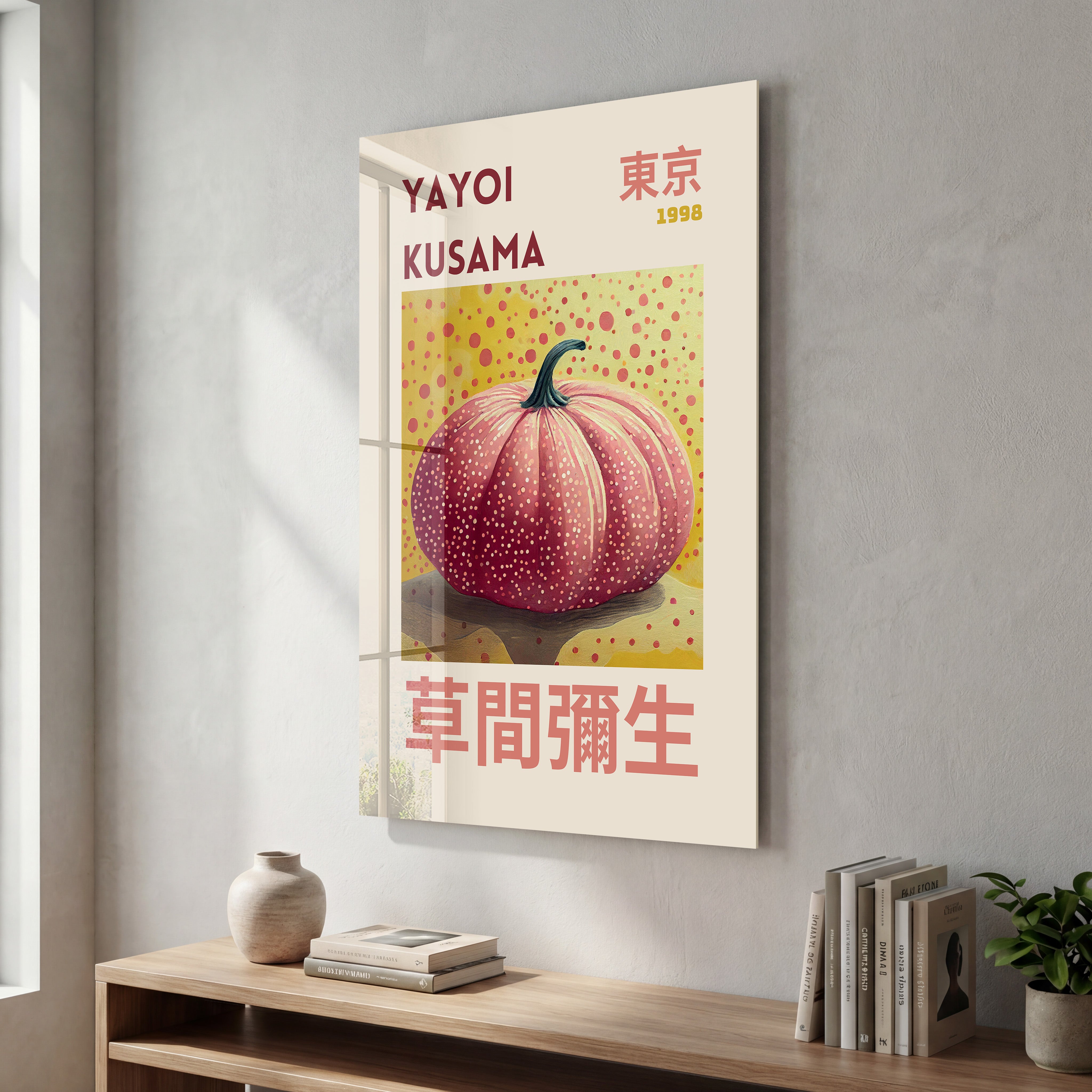 Yayoi Kusama Pumpkin Japanese pop art glass wall art by Artdesigna featuring vibrant pumpkin design on clear glass background.