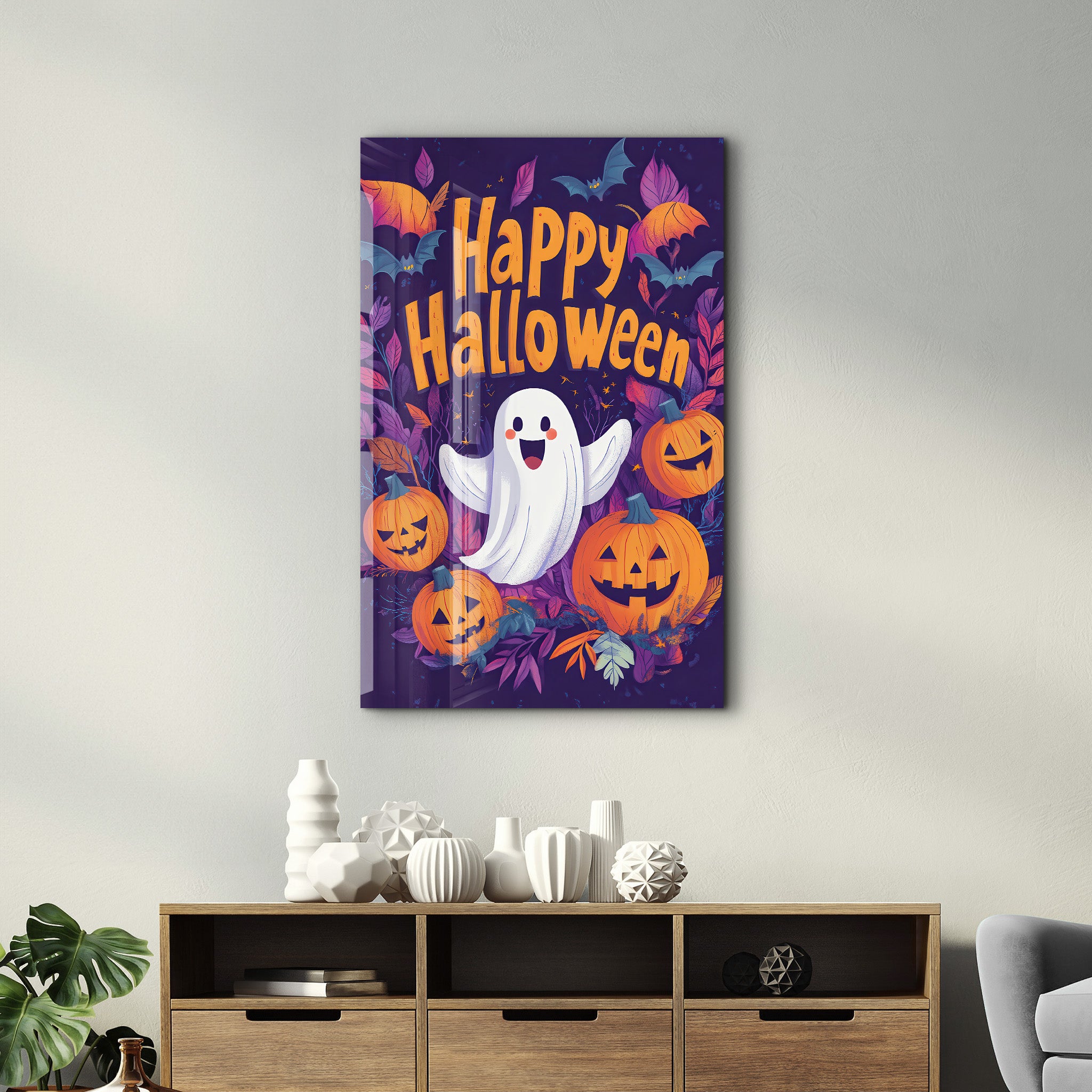 Cheerful Ghost Happy Halloween | Glass Wall Art