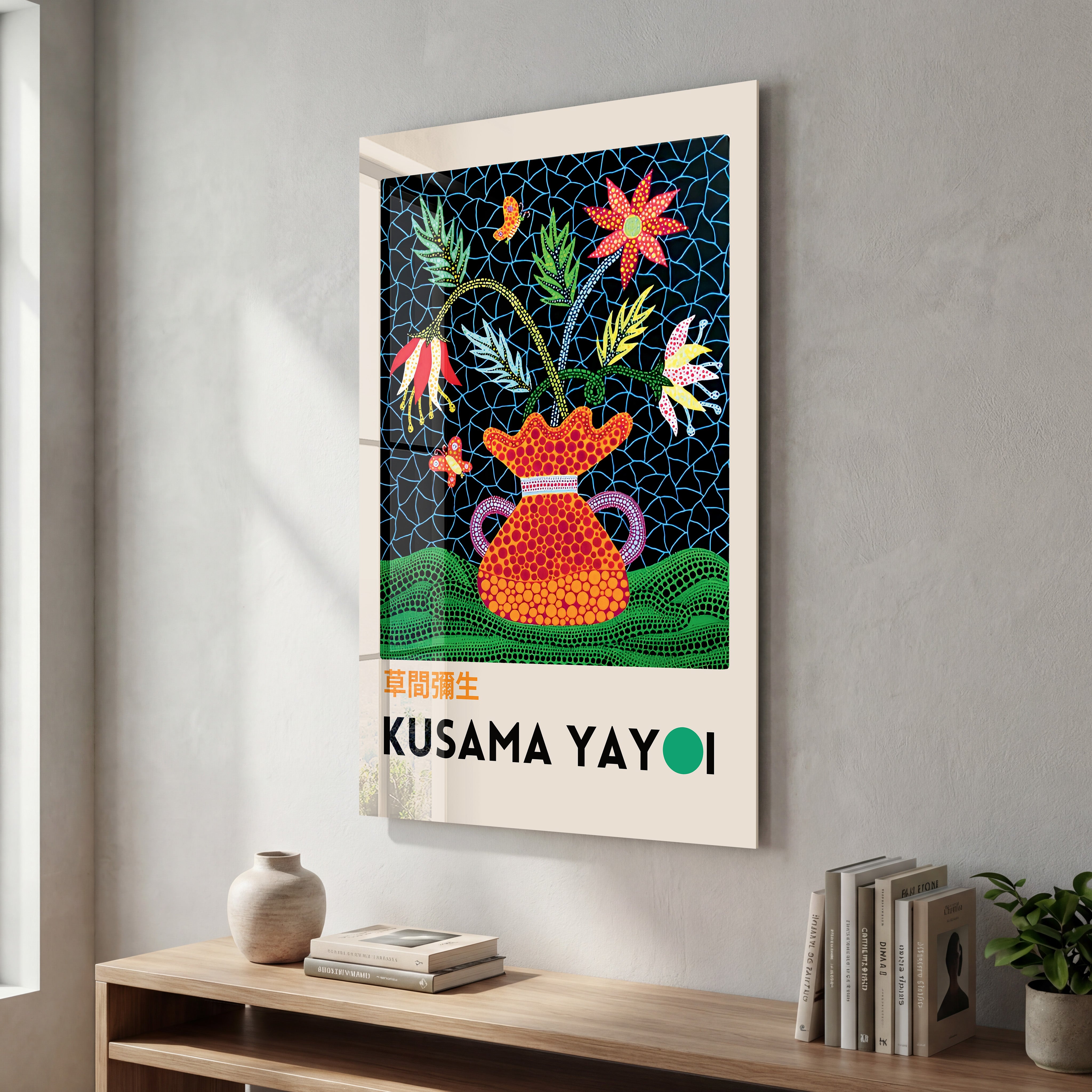 Yayoi Kusama floral vase glass wall art by Artdesigna featuring vibrant pop art floral design and transparent glass material.