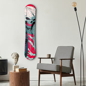 Neon Reaper snowboard glass wall art by Artdesigna, featuring vibrant neon colors and detailed snowboard design on clear glass.