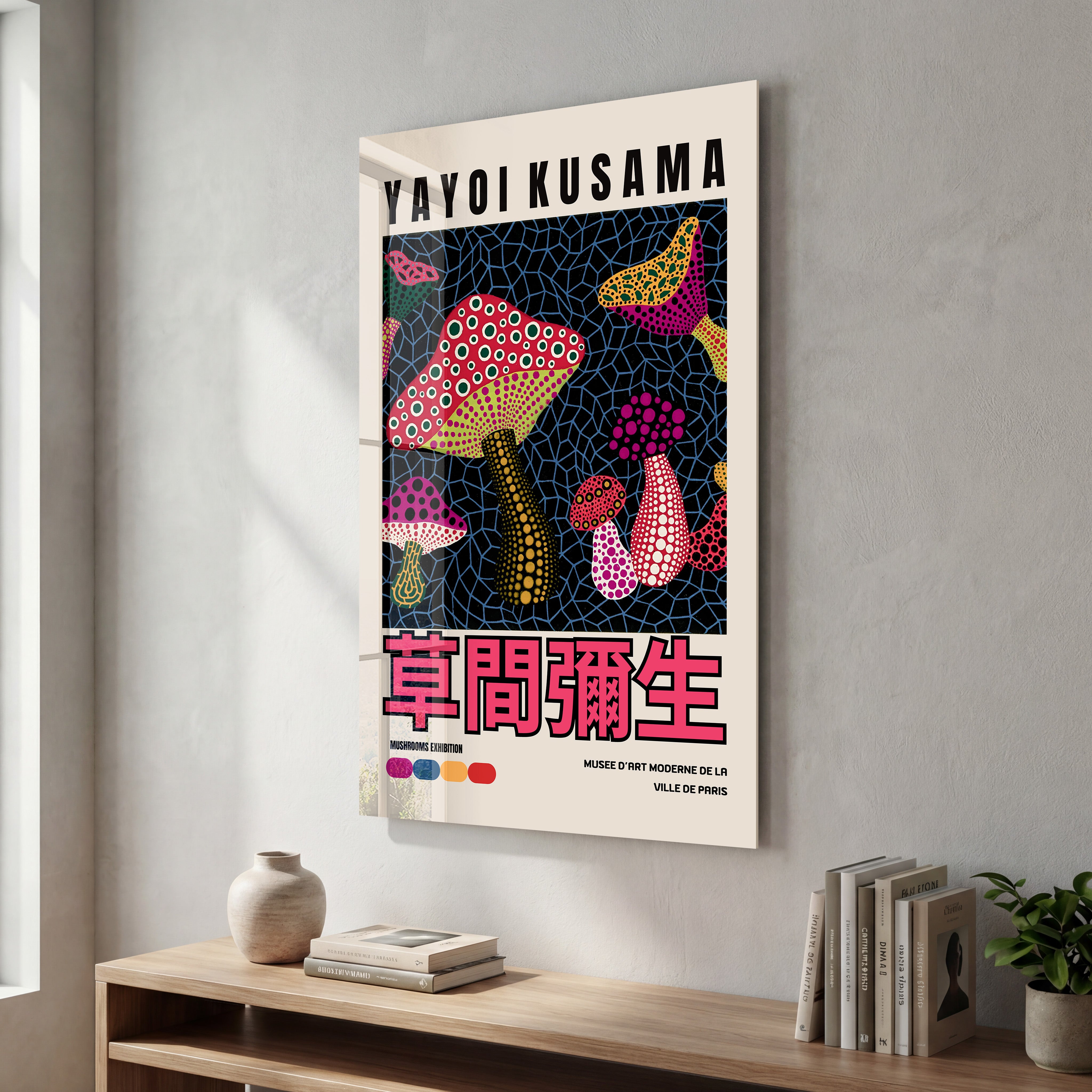Glass wall art featuring Yayoi Kusama's pink mushroom design, showcasing vibrant Japanese pop art style by Artdesigna.