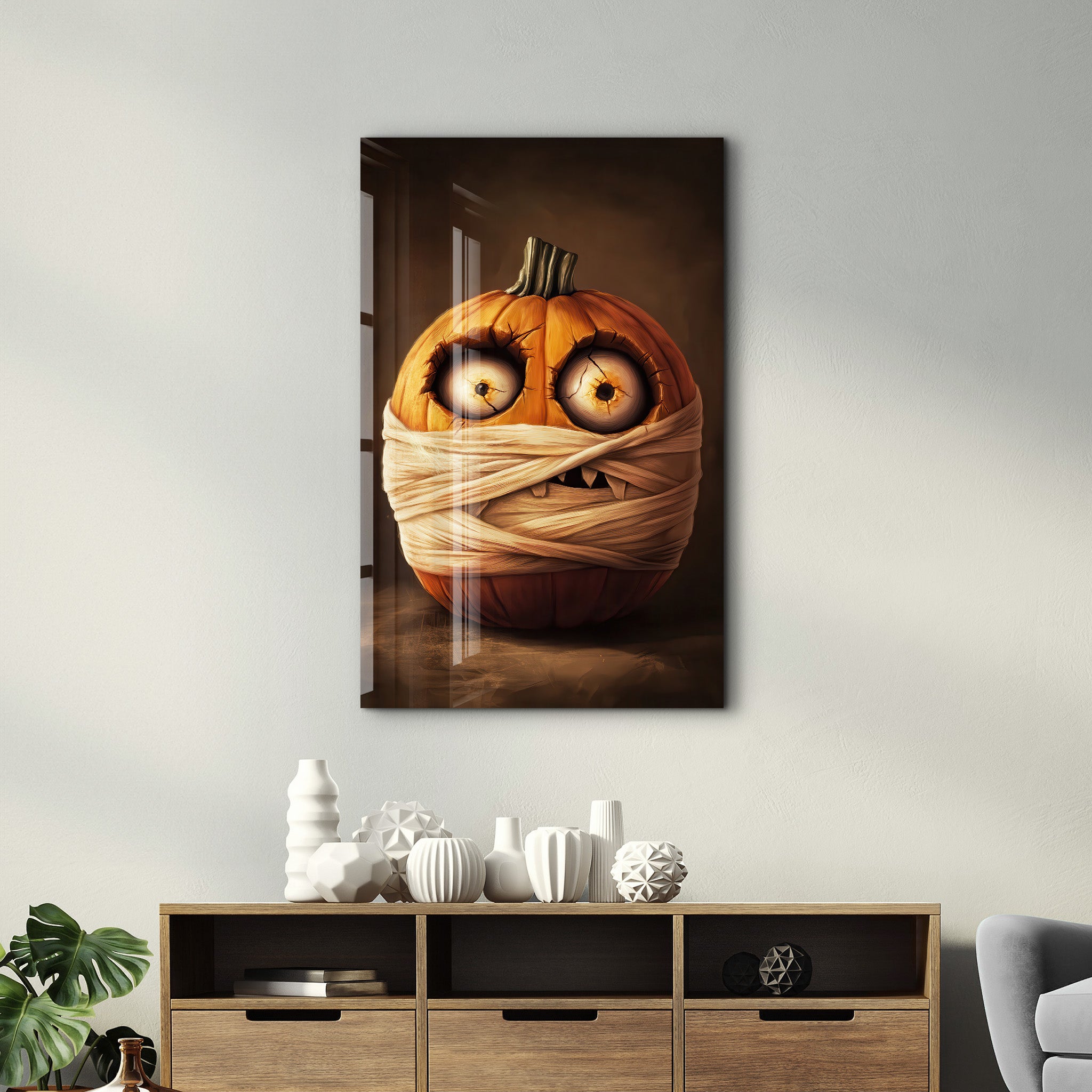 Pumpkin Mummy Mischief | Halloween Glass Wall Art - Artdesigna