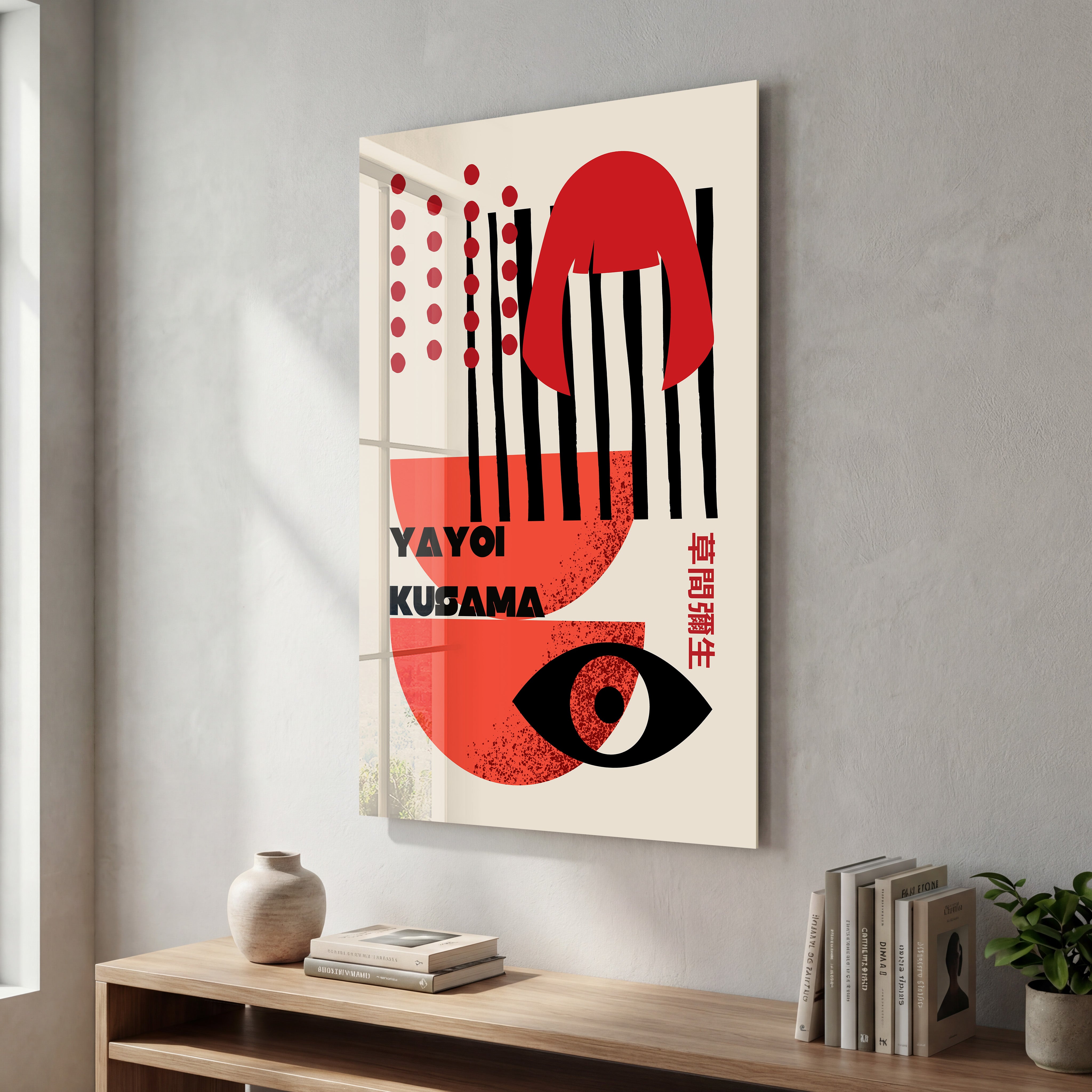 Yayoi Kusama abstract face glass wall art by Artdesigna, featuring vibrant pop art design on clear glass.