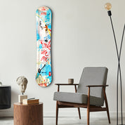 Artdesigna snowboard glass wall art featuring a bold, colorful design with the phrase "Smile Like Me" on a transparent glass panel.