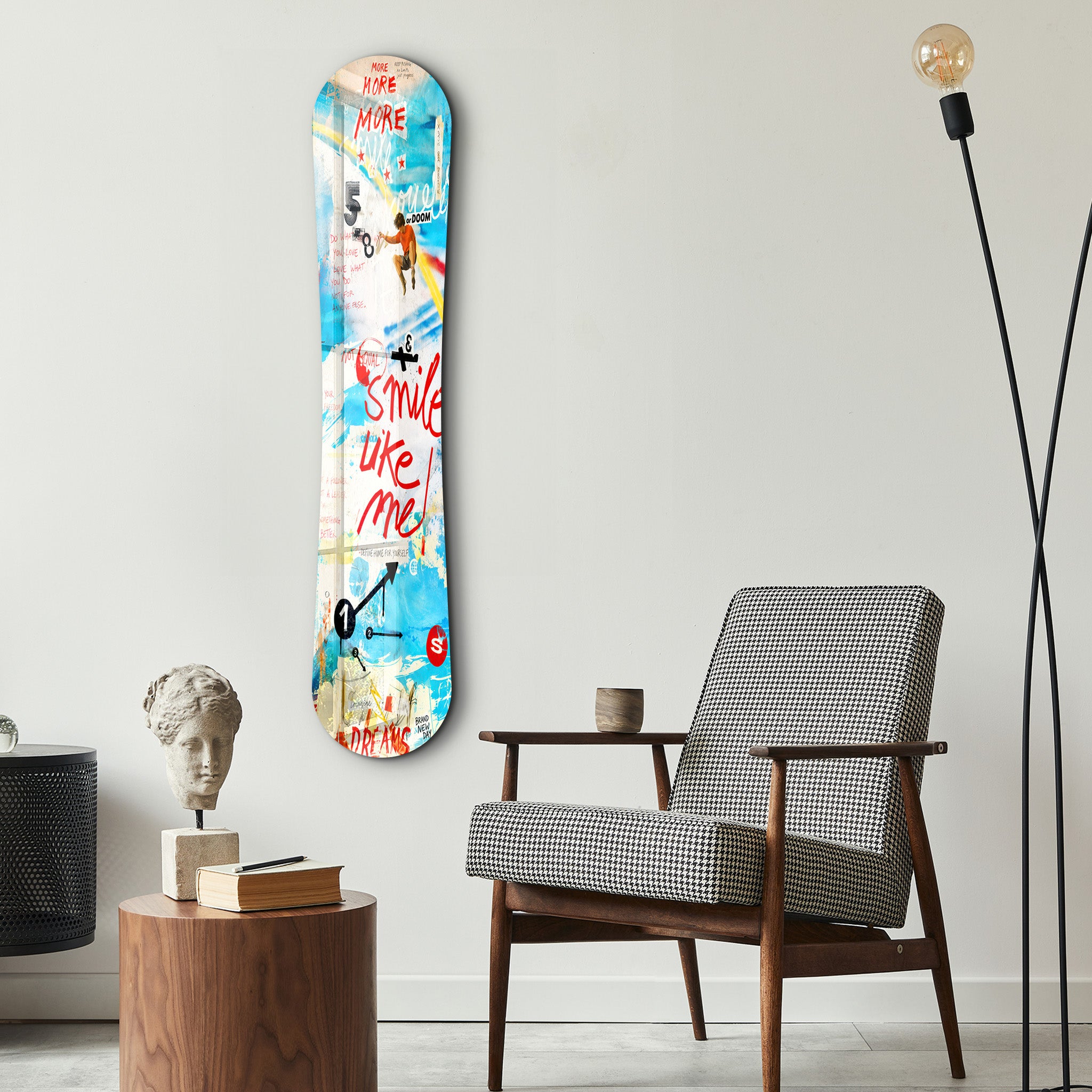 Artdesigna snowboard glass wall art featuring a bold, colorful design with the phrase "Smile Like Me" on a transparent glass panel.