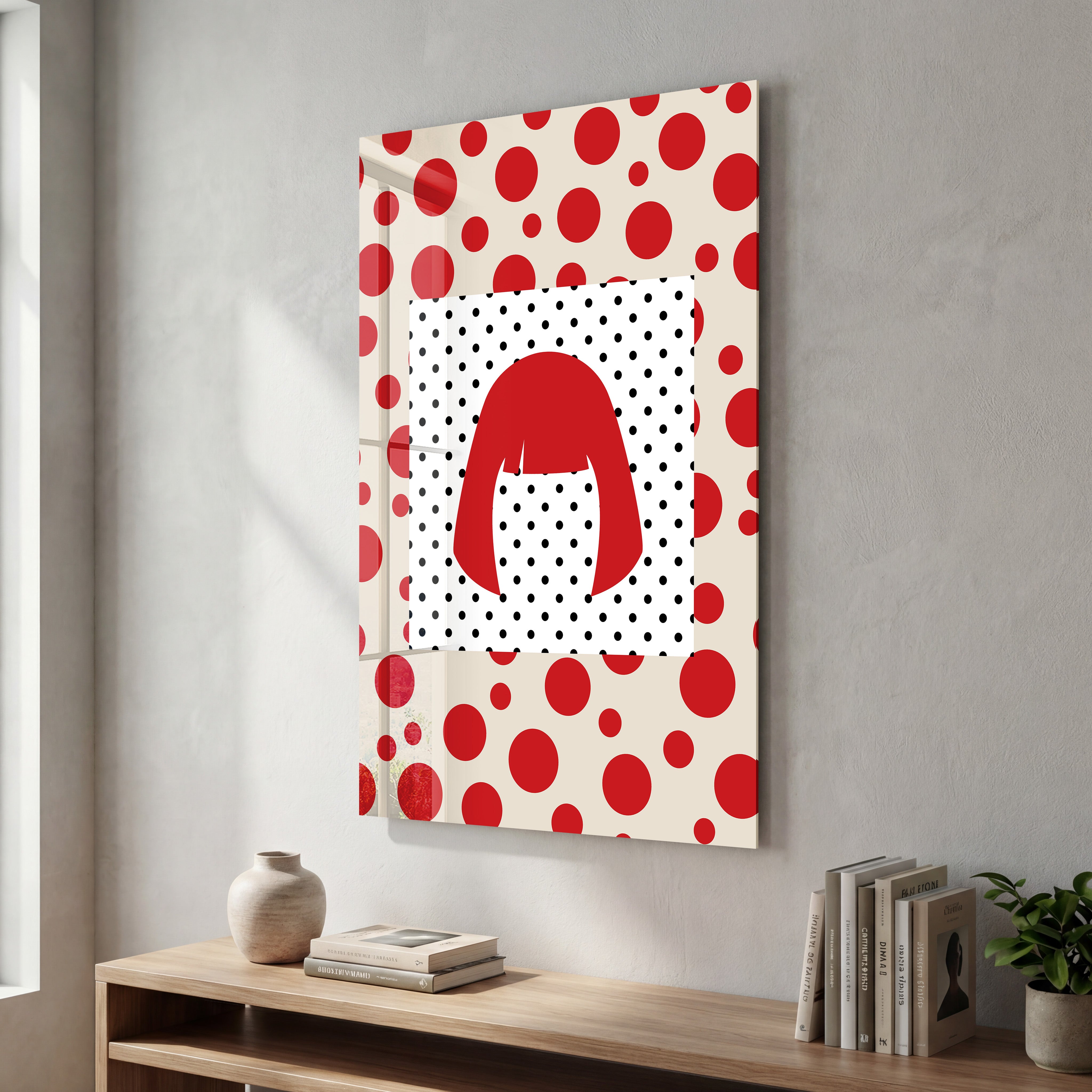 Yayoi Kusama inspired red wig glass wall art by Artdesigna featuring vibrant pop art design on clear glass panel.