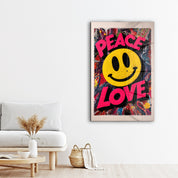 Colorful glass wall art by Artdesigna featuring peace, love, and smile graffiti design for vibrant home decor.