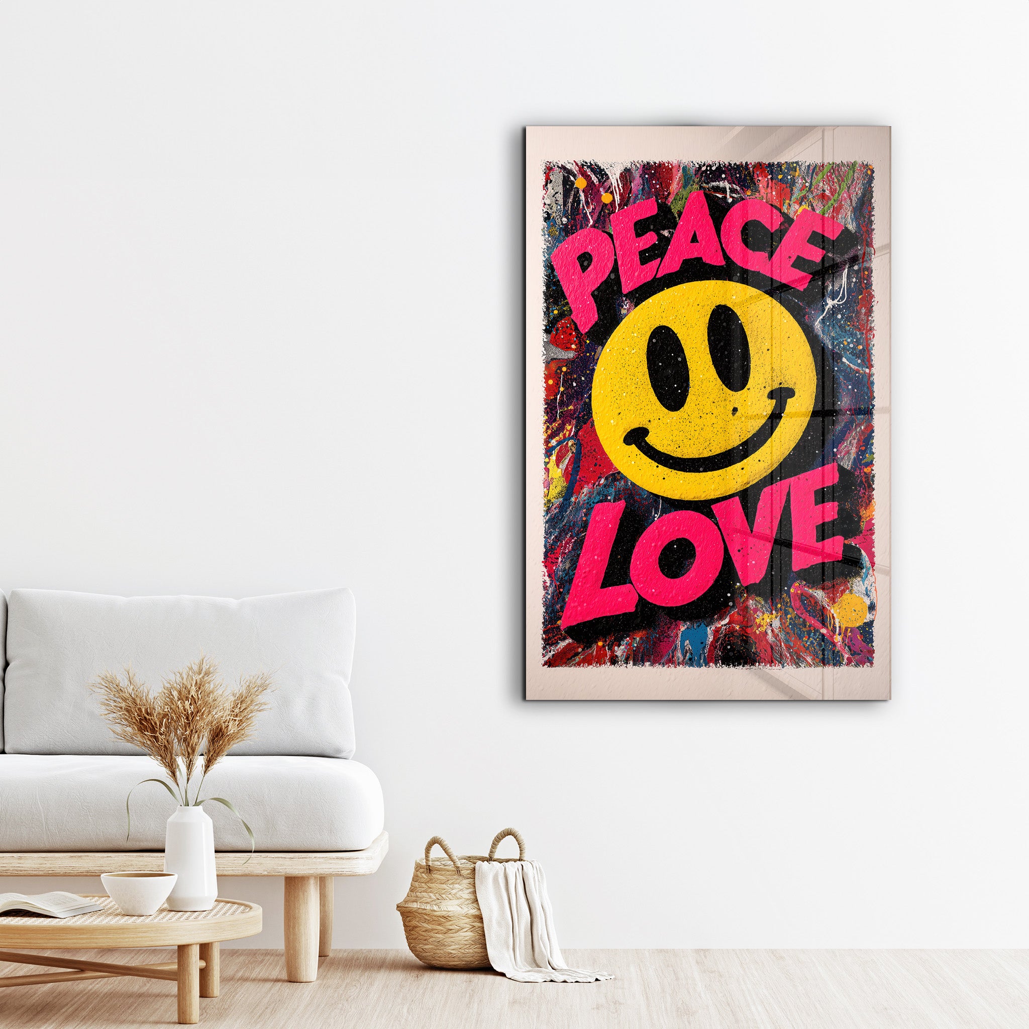 Colorful glass wall art by Artdesigna featuring peace, love, and smile graffiti design for vibrant home decor.