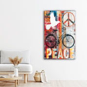 Colorful glass wall art featuring a peace ride urban bicycle collage, perfect for modern home or office decor.