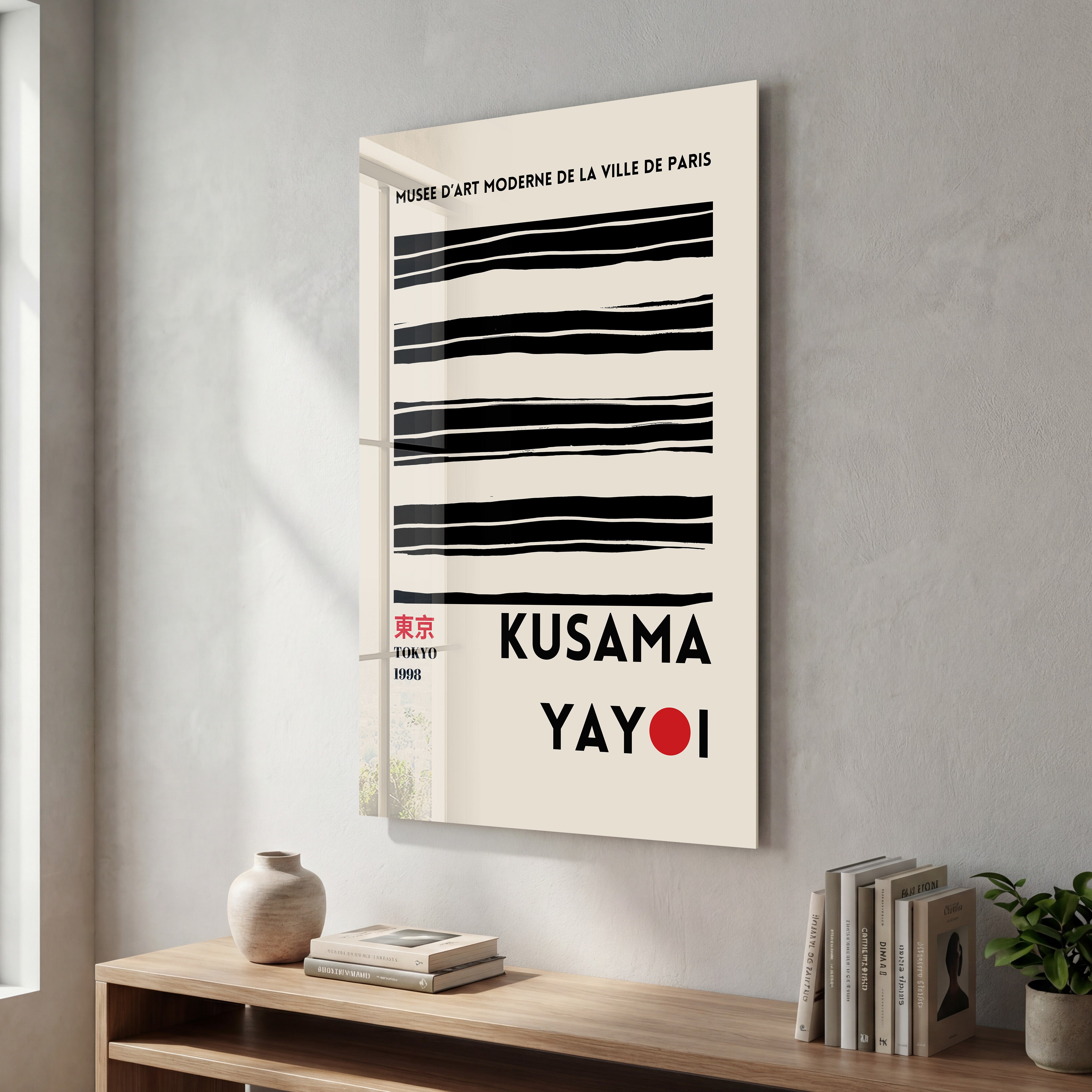 Black lines glass wall art by Artdesigna inspired by Yayoi Kusama's Japanese pop art style, featuring minimalistic design.
