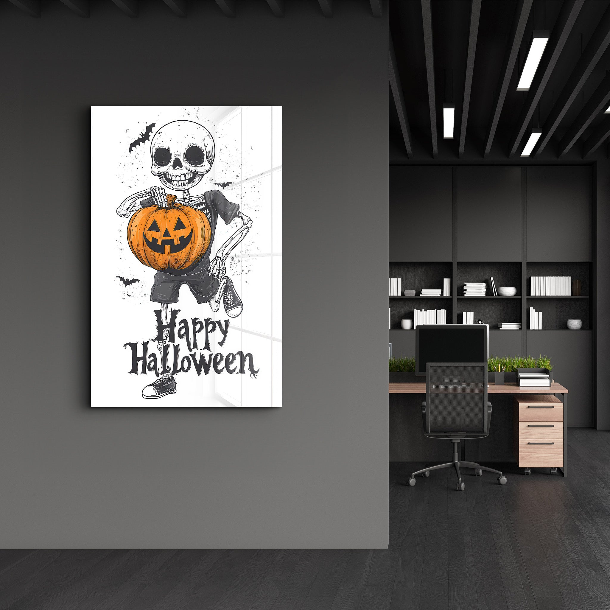 Skeleton Holding a Jack-O'-Lantern | Halloween Glass Wall Art