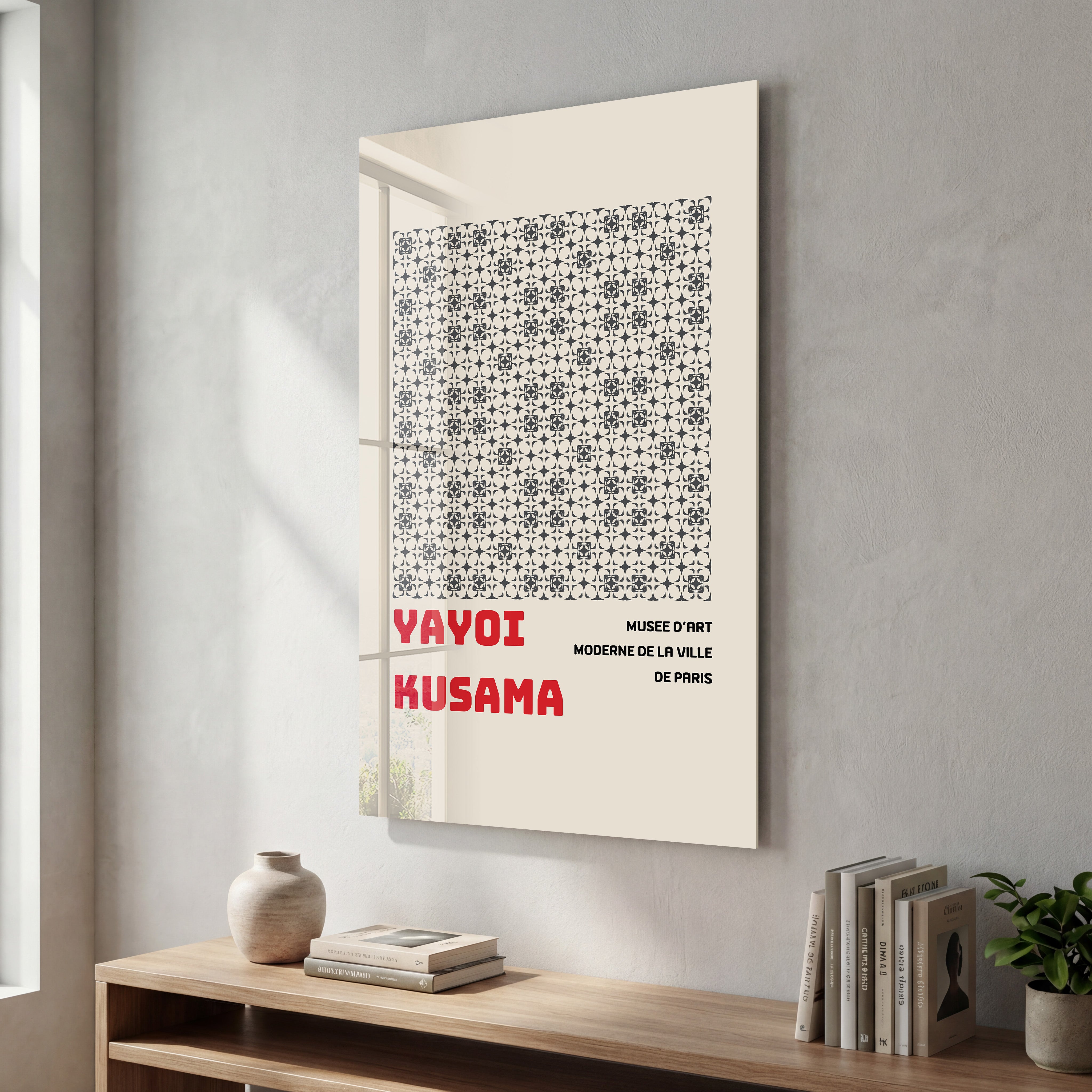 Glass wall art featuring Yayoi Kusama's monochrome pattern, Japanese pop art design by Artdesigna.