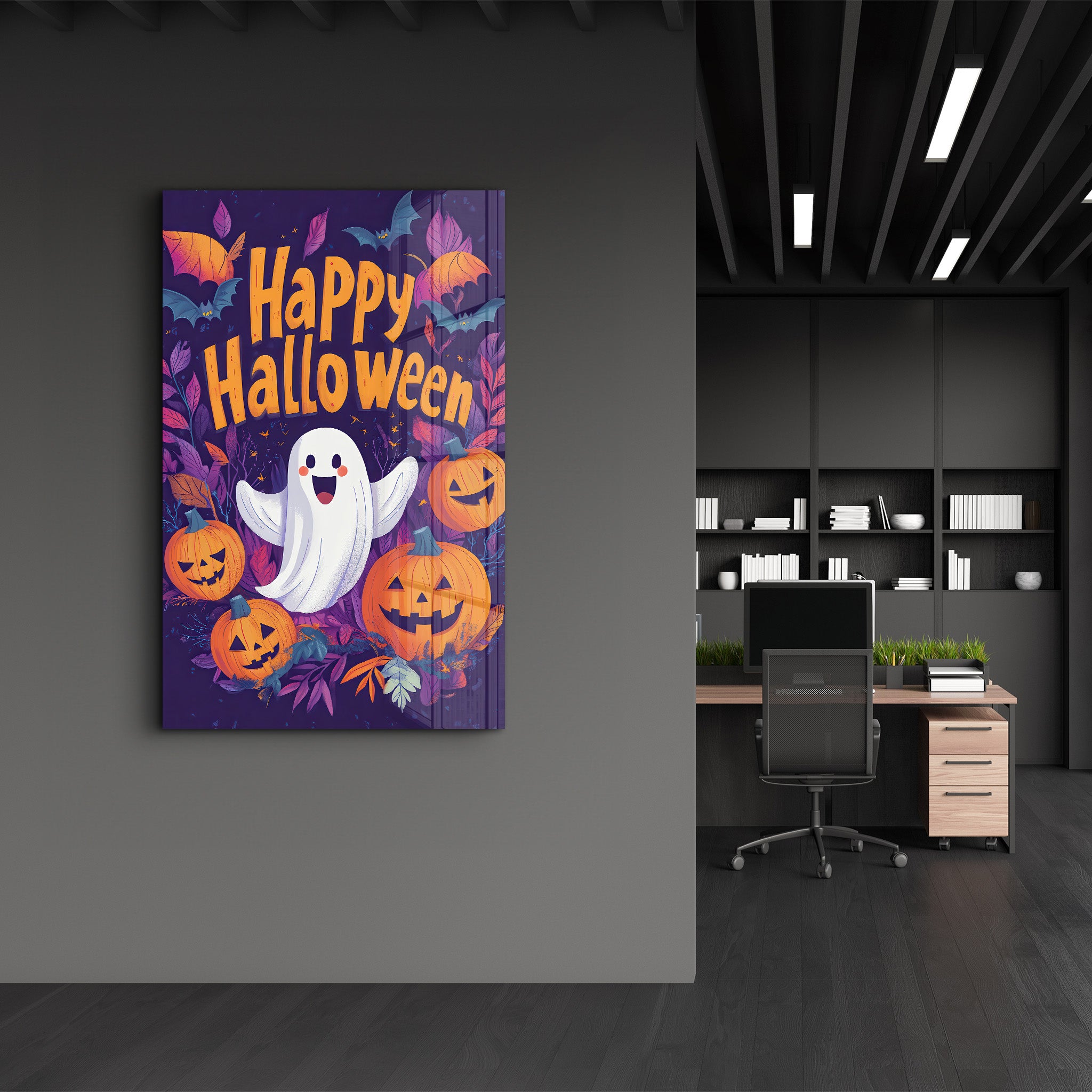 Cheerful Ghost Happy Halloween | Glass Wall Art