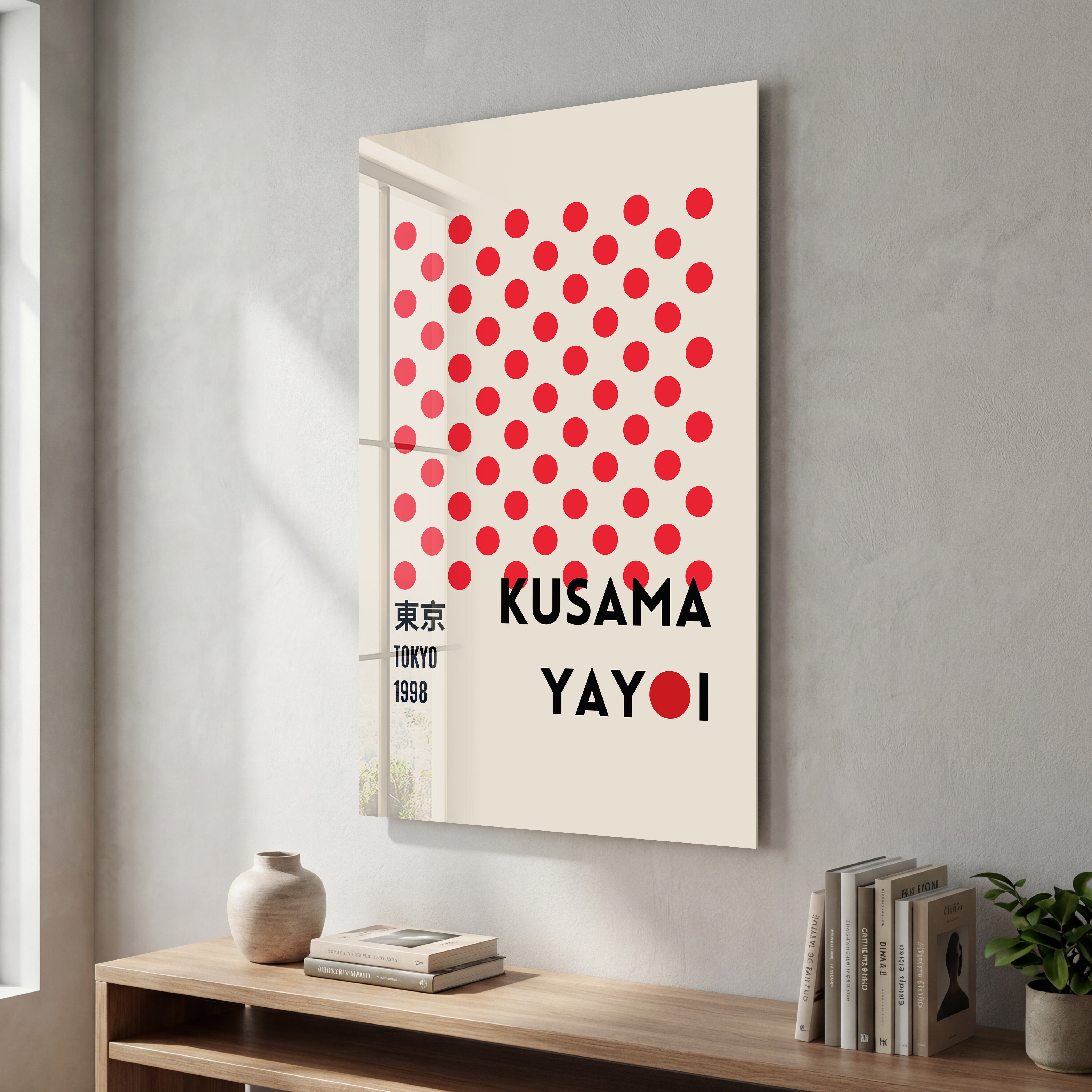 Yayoi Kusama Red Dots Tokyo 1998 glass wall art by Artdesigna featuring vibrant Japanese pop art design.