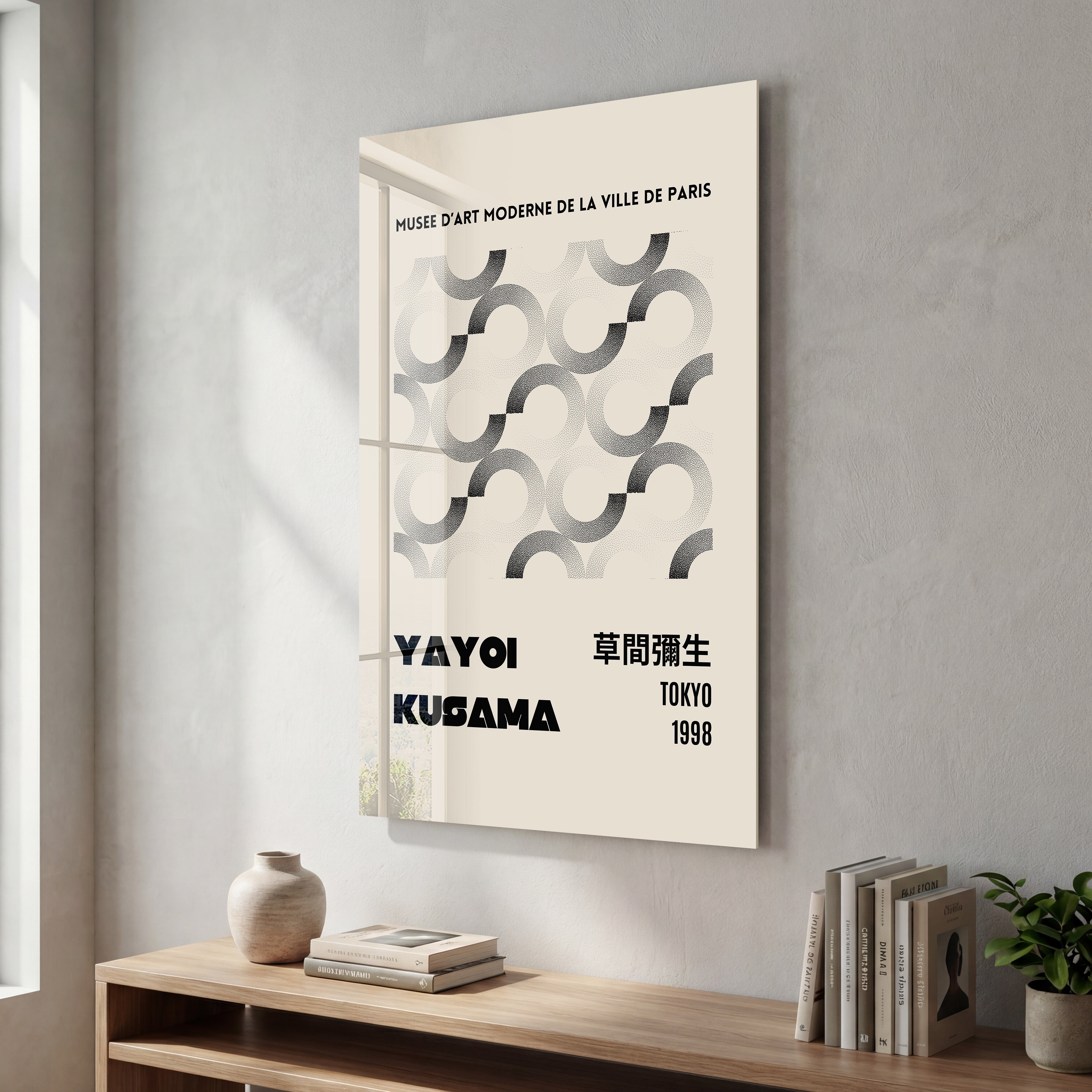 Abstract Yayoi Kusama-inspired geometric black and white Japanese pop art glass wall art by Artdesigna.