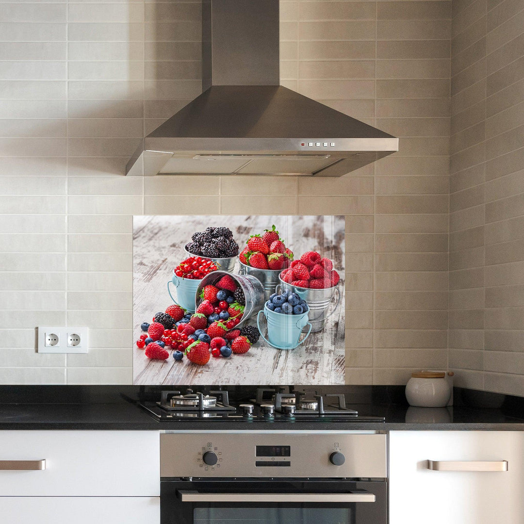 Blue and Red Berries | Glass Printed Backsplash for your Kitchen
