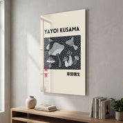 Yayoi Kusama monochrome mushrooms glass wall art by Artdesigna featuring Japanese pop art design on clear glass.
