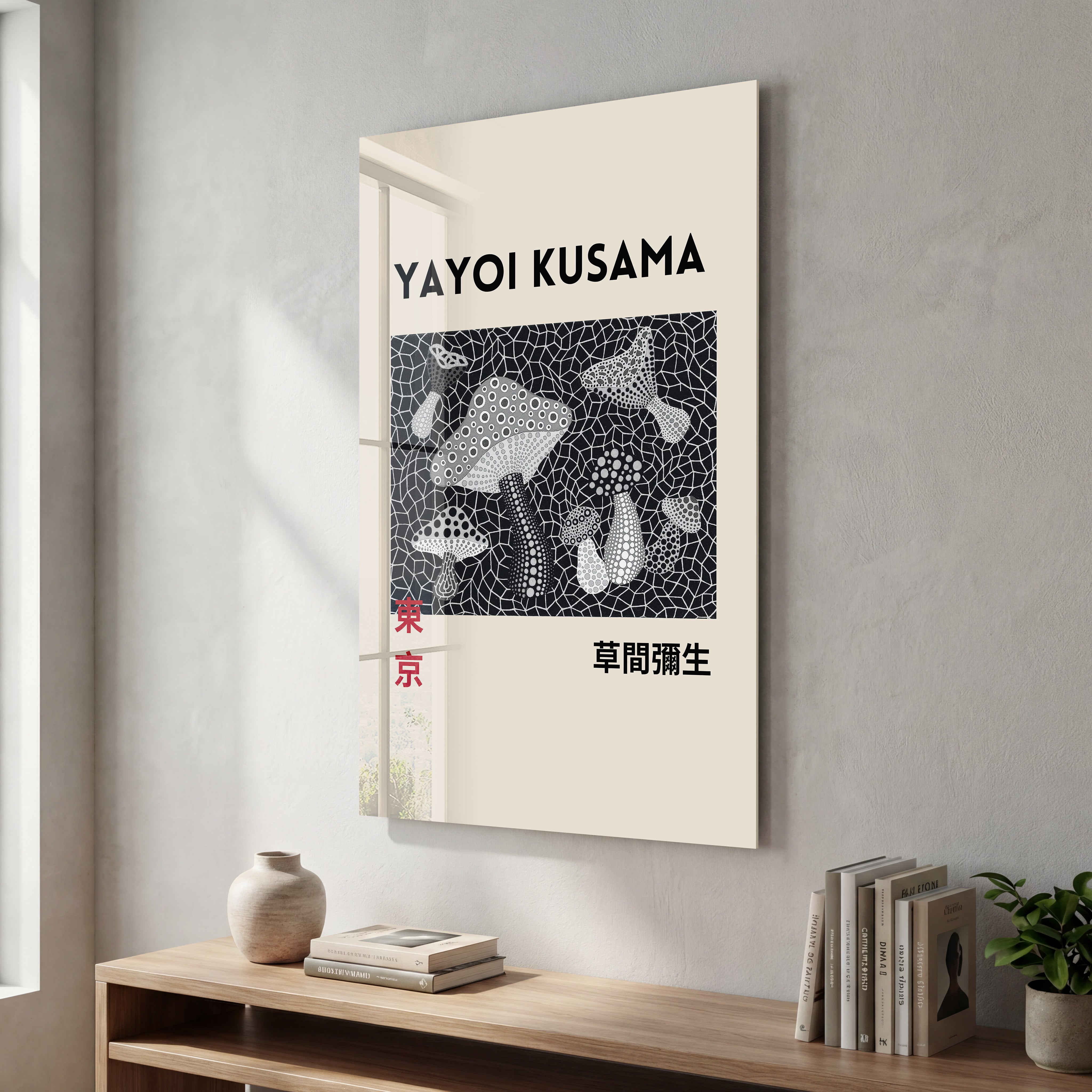 Yayoi Kusama monochrome mushrooms glass wall art by Artdesigna featuring Japanese pop art design on clear glass.