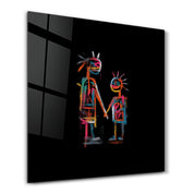 Neon family square glass wall art by Artdesigna featuring vibrant neon lights in a modern design for home decor.