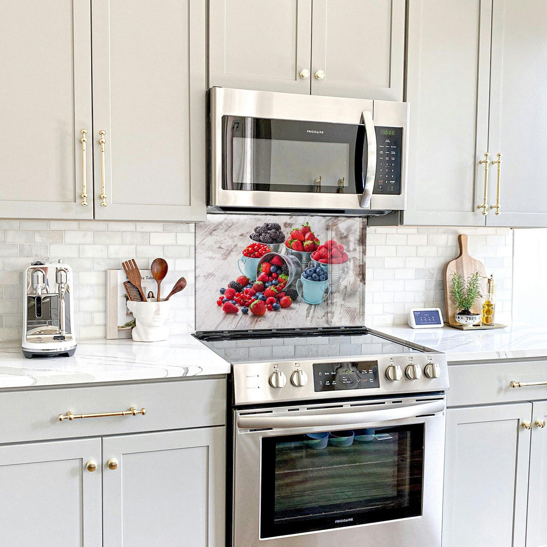 Blue and Red Berries | Glass Printed Backsplash for your Kitchen