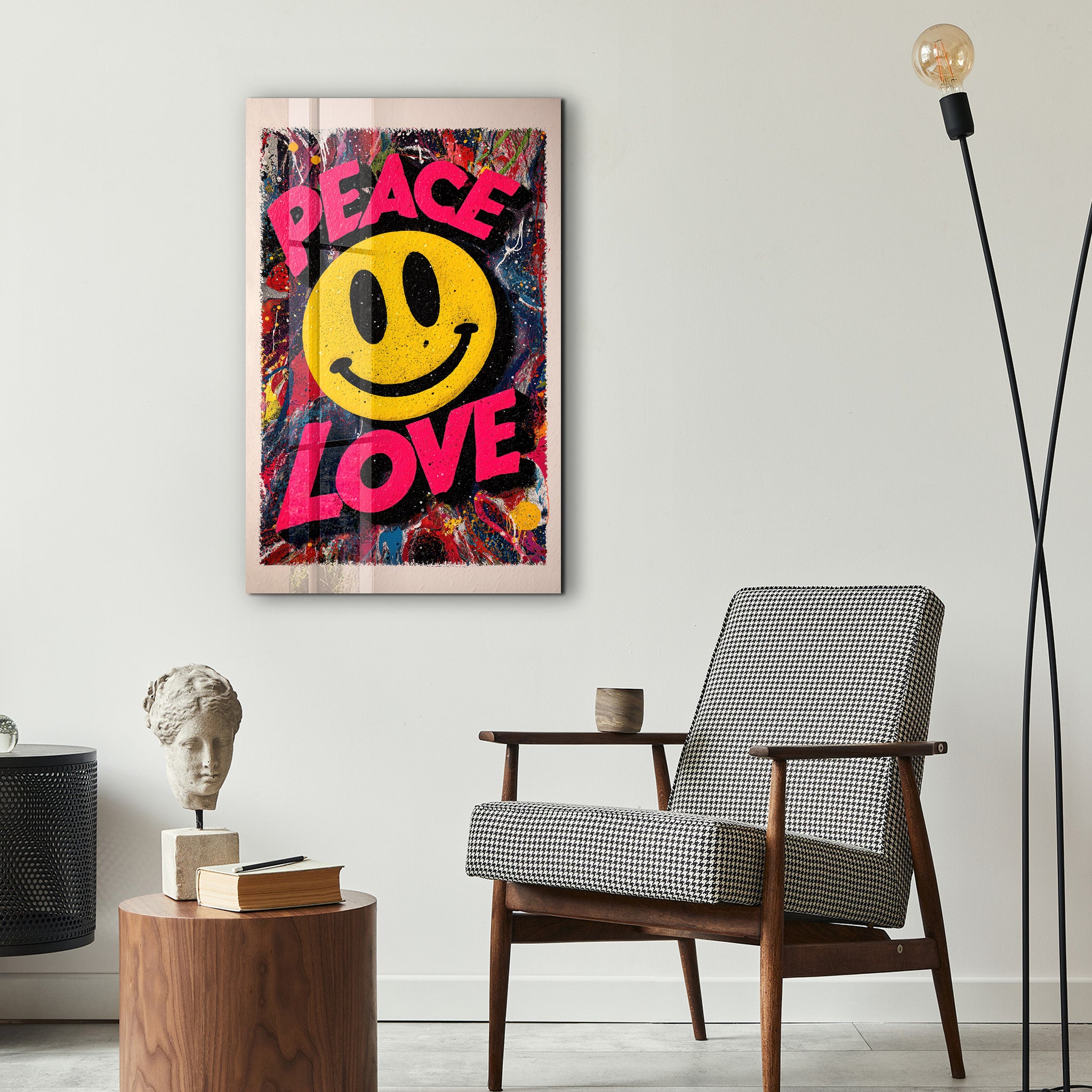 Colorful glass wall art featuring peace love and smile graffiti design by Artdesigna, vibrant abstract glass wall decor.