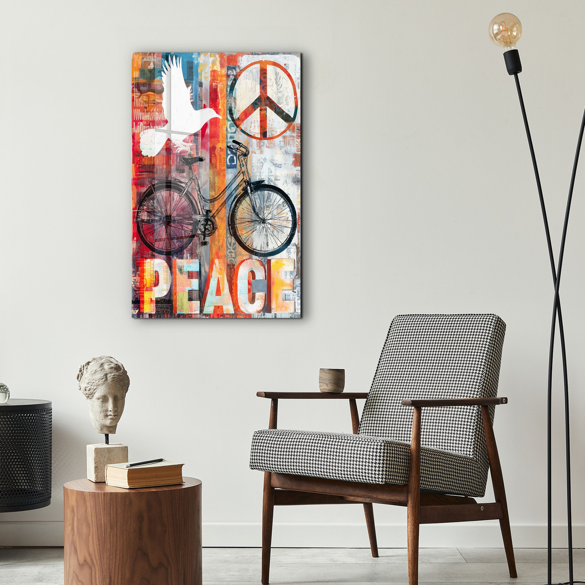 Urban bicycle collage glass wall art by Artdesigna showcasing vibrant bike images in a sleek, modern design for wall decor.