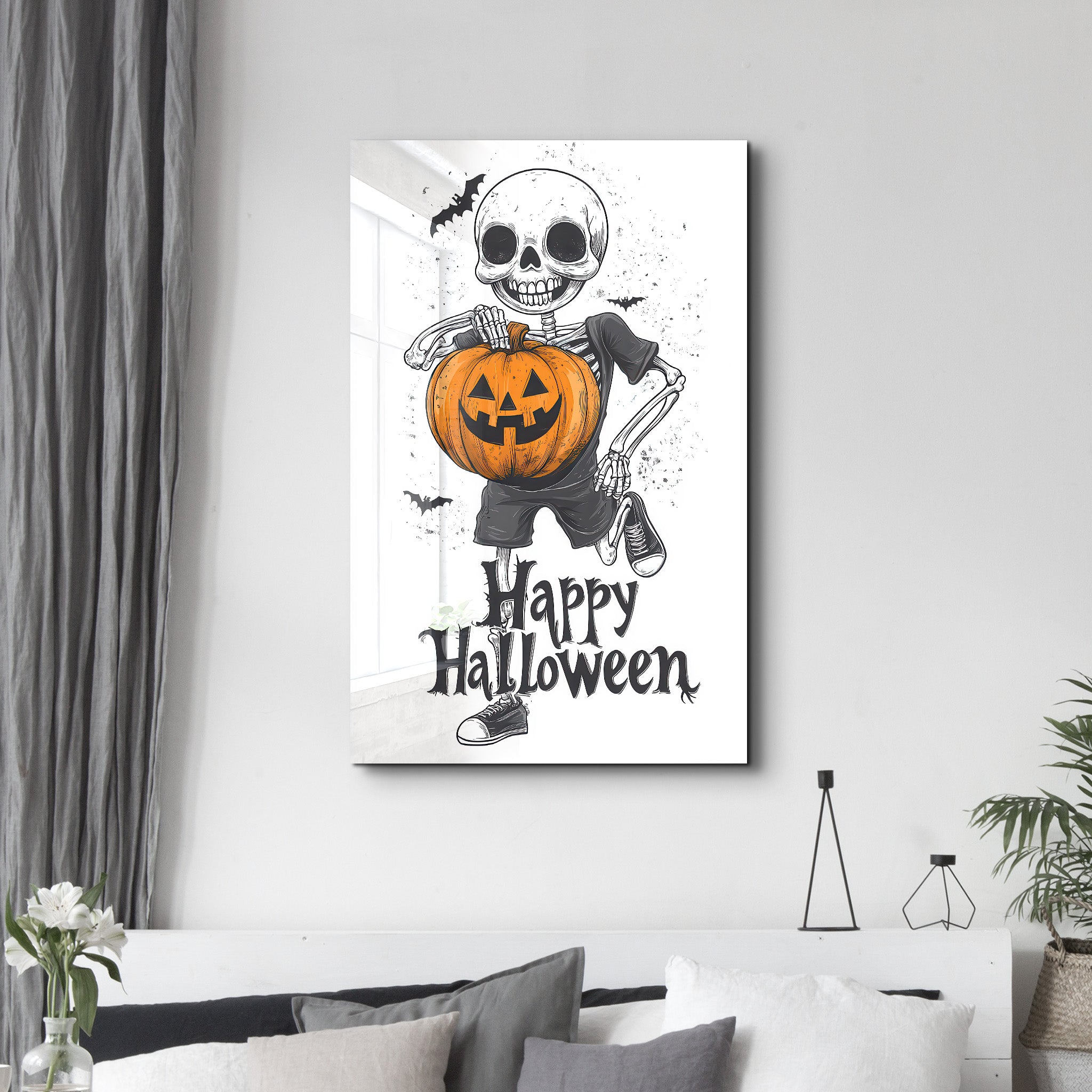 Skeleton Holding a Jack-O'-Lantern | Halloween Glass Wall Art