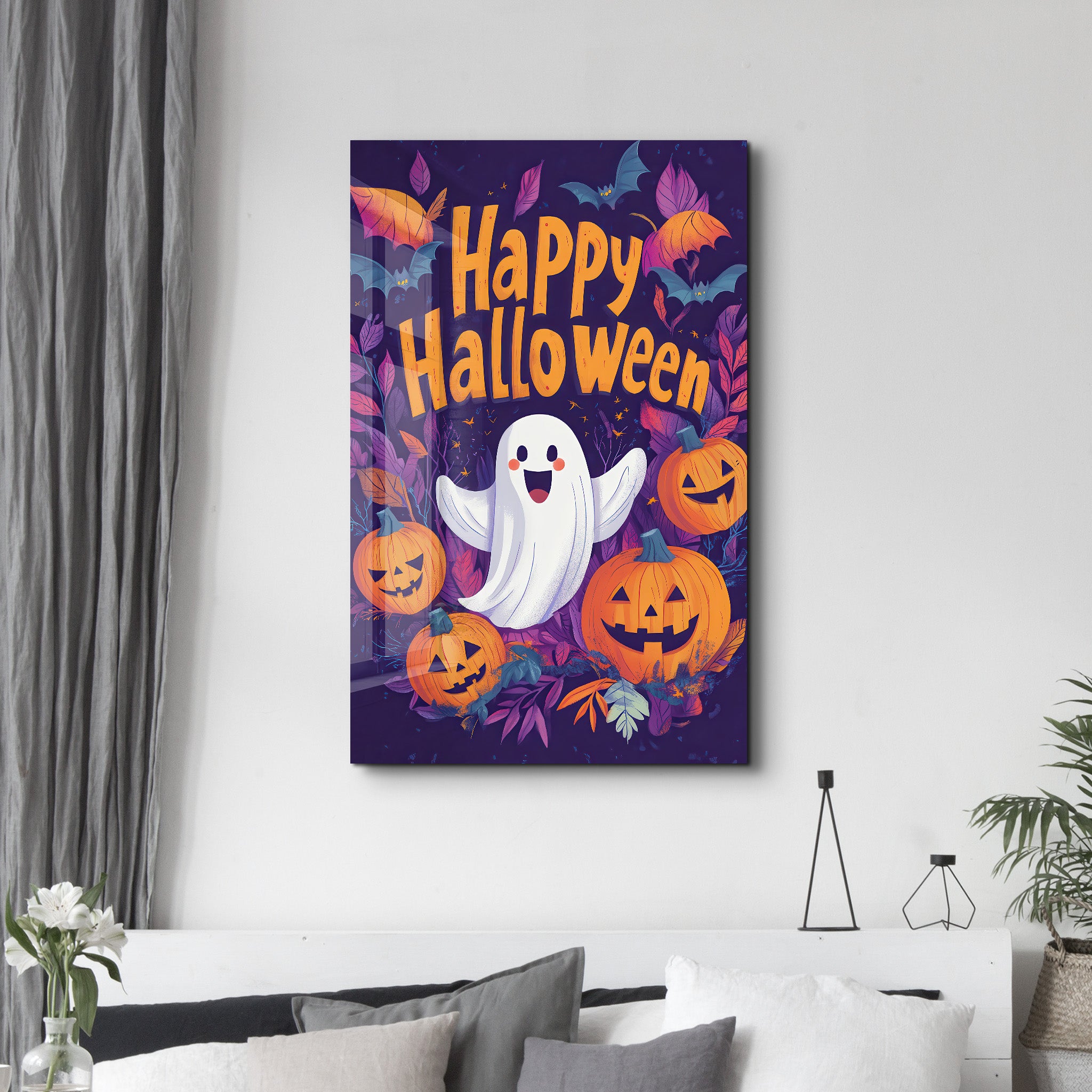 Cheerful Ghost Happy Halloween | Glass Wall Art - Artdesigna