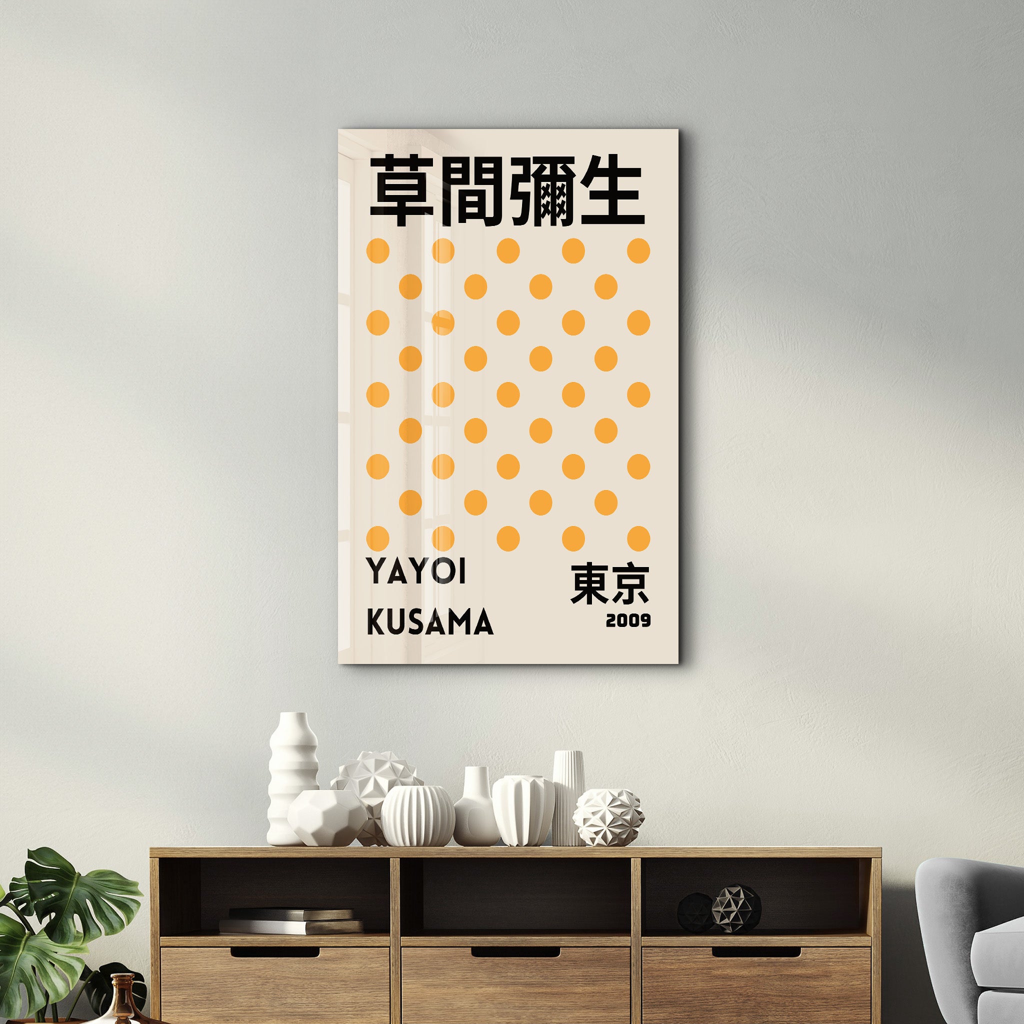 Yayoi Kusama yellow polka Japanese pop art glass wall art by Artdesigna featuring vibrant yellow polka dots on clear glass background.
