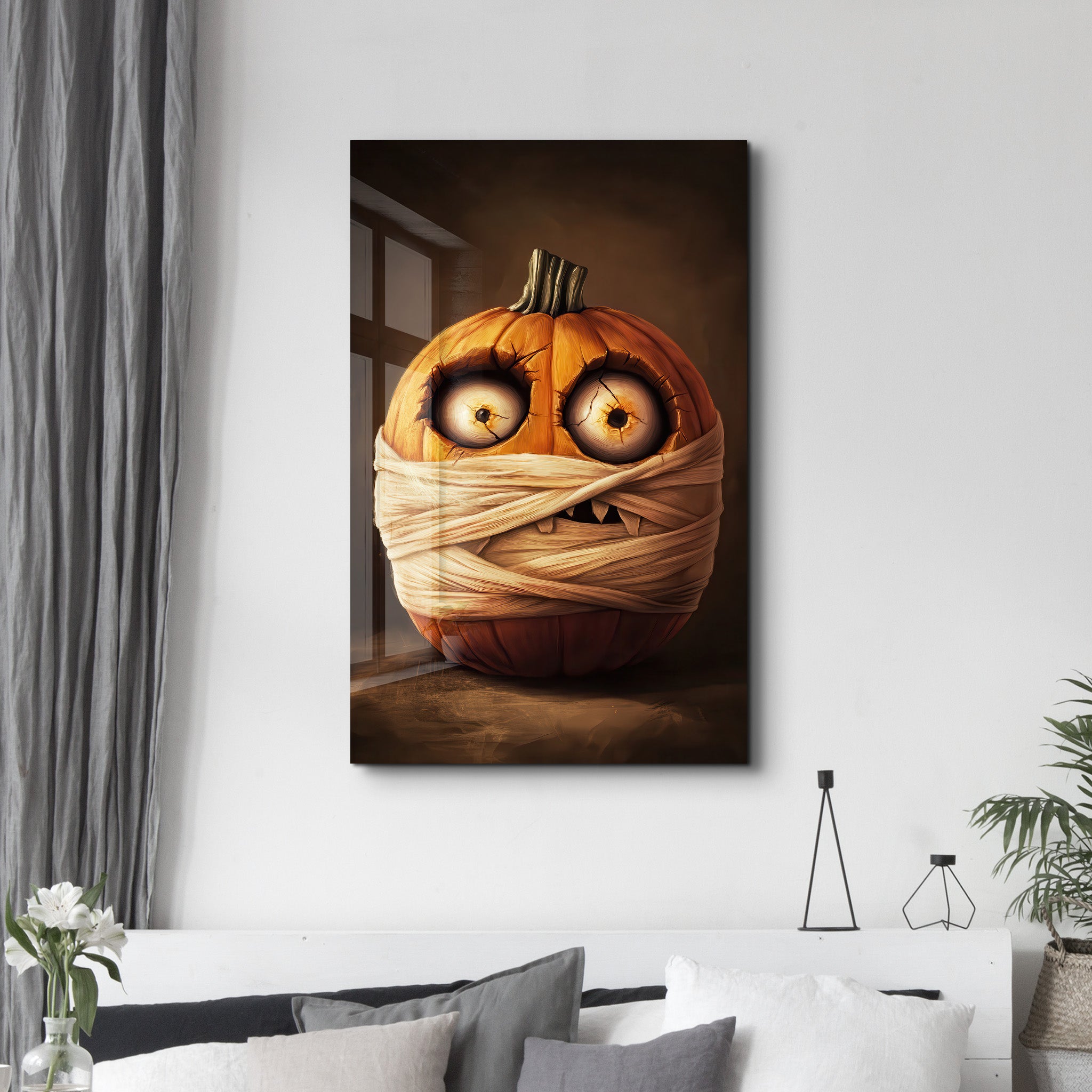 Pumpkin Mummy Mischief | Halloween Glass Wall Art