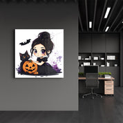 Lil' Witch and Her Pumpkin Pal | Halloween Style Glass Wall Art - Artdesigna