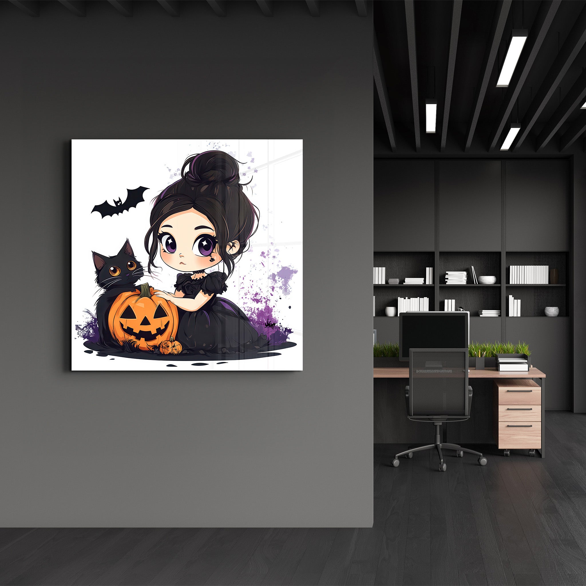 Lil' Witch and Her Pumpkin Pal | Halloween Style Glass Wall Art