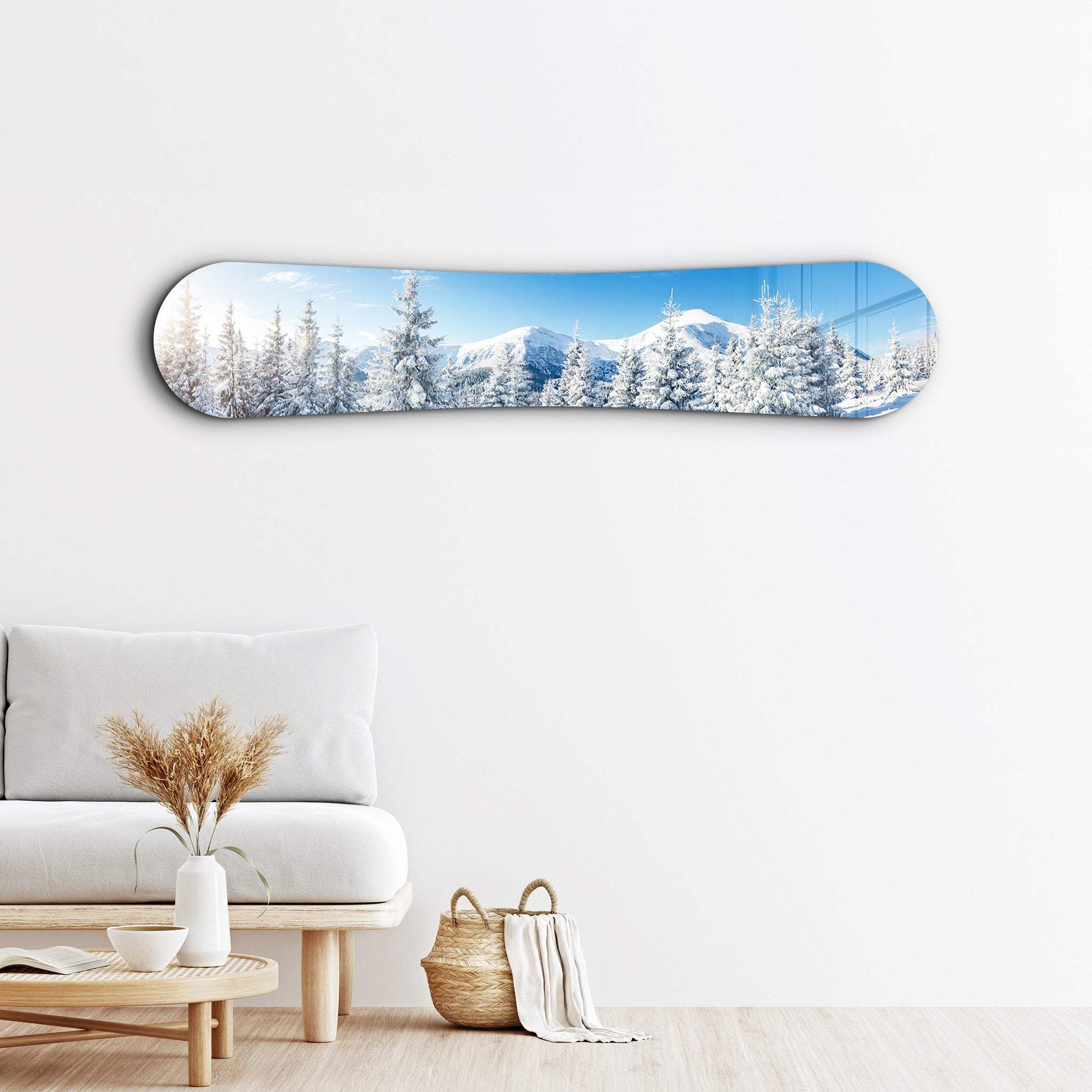 Snowy alpine landscape glass wall art by Artdesigna featuring mountain scenery and snow-covered peaks in a sleek glass panel.