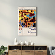 Colorful glass wall art featuring Yayoi Kusama's floral butterflies design, Japanese pop art style by Artdesigna.