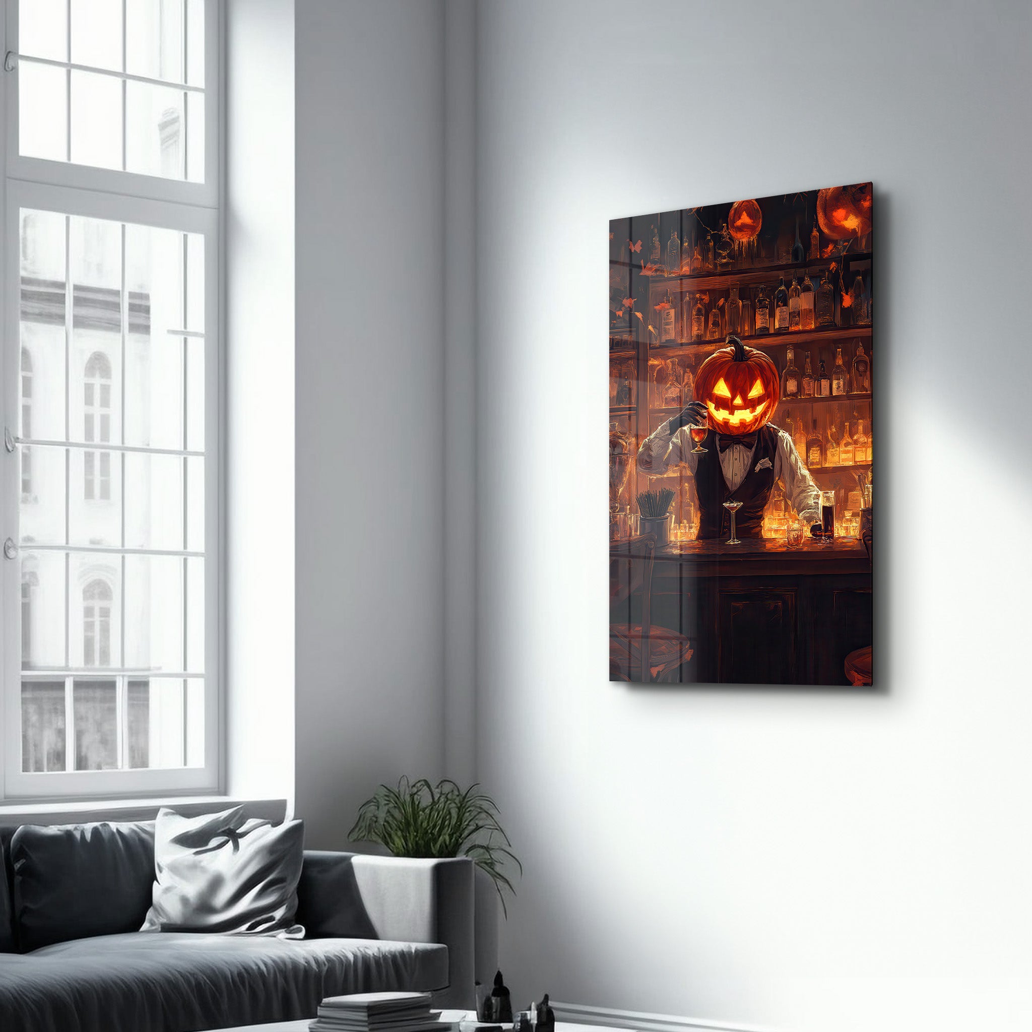 Pumpkin Bartender | Halloween Glass Wall Art - Artdesigna