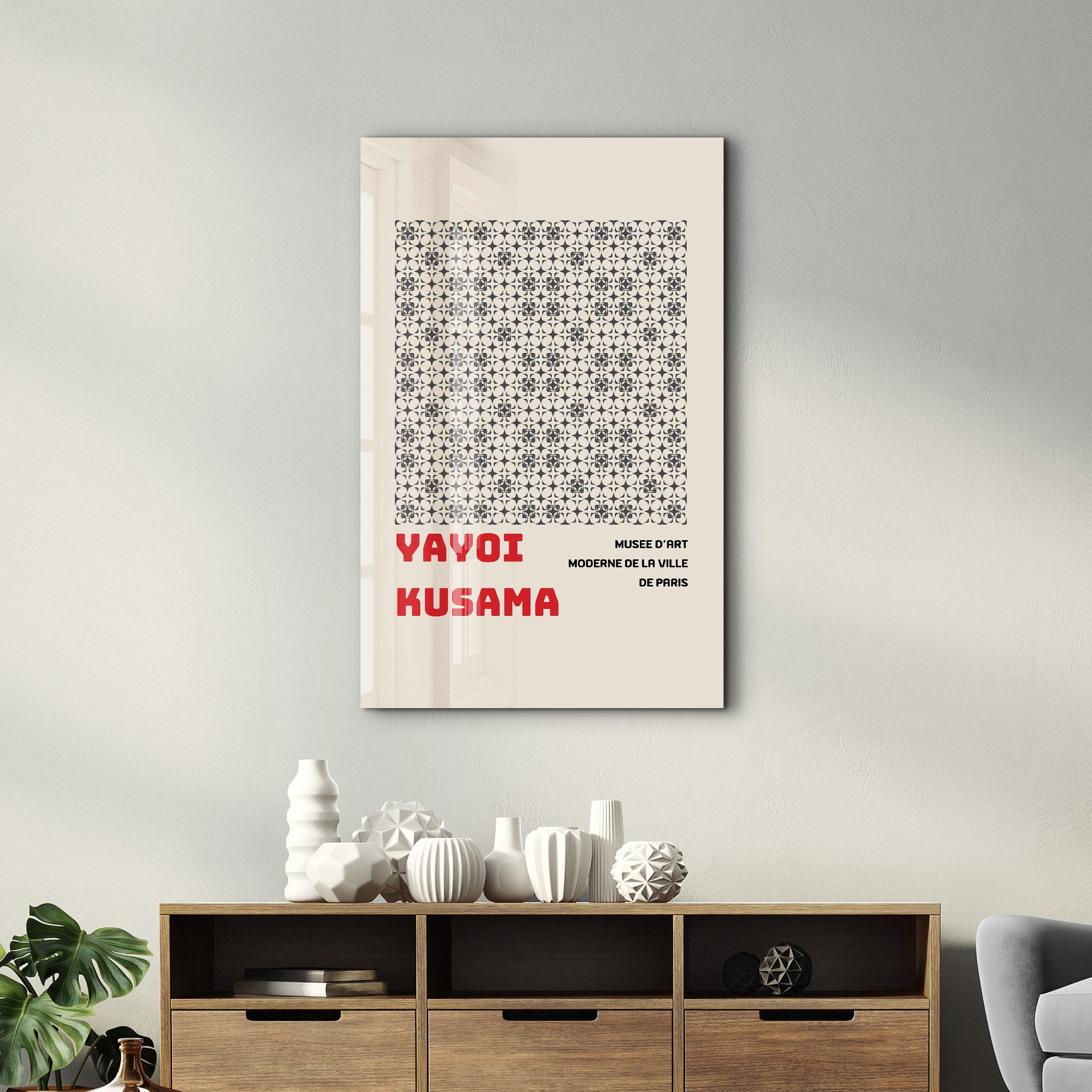 Japanese pop art glass wall art featuring Yayoi Kusama's monochrome pattern by Artdesigna, showcasing bold black and white abstract design.