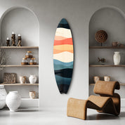 Colorful Retro Horizon surfboard glass wall art by Artdesigna, featuring vibrant wave and sunset design on clear glass.