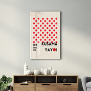Red and white Yayoi Kusama Tokyo 1998 Japanese pop art glass wall art by Artdesigna featuring bold polka dots.